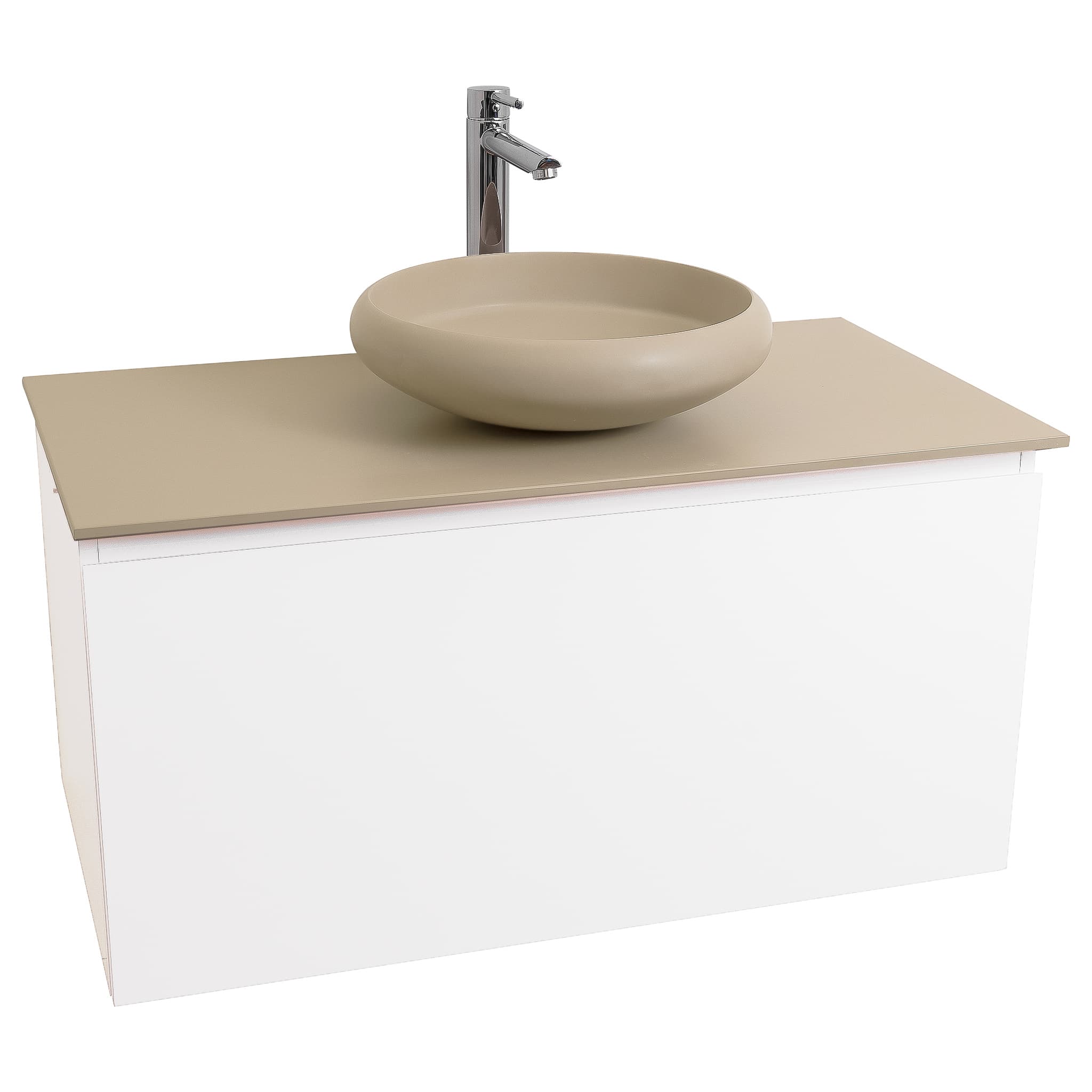 Venice 31.5 White High Gloss Cabinet, Solid Surface Flat Taupe Counter And Round Solid Surface Taupe Basin 1153, Wall Mounted Modern Vanity Set