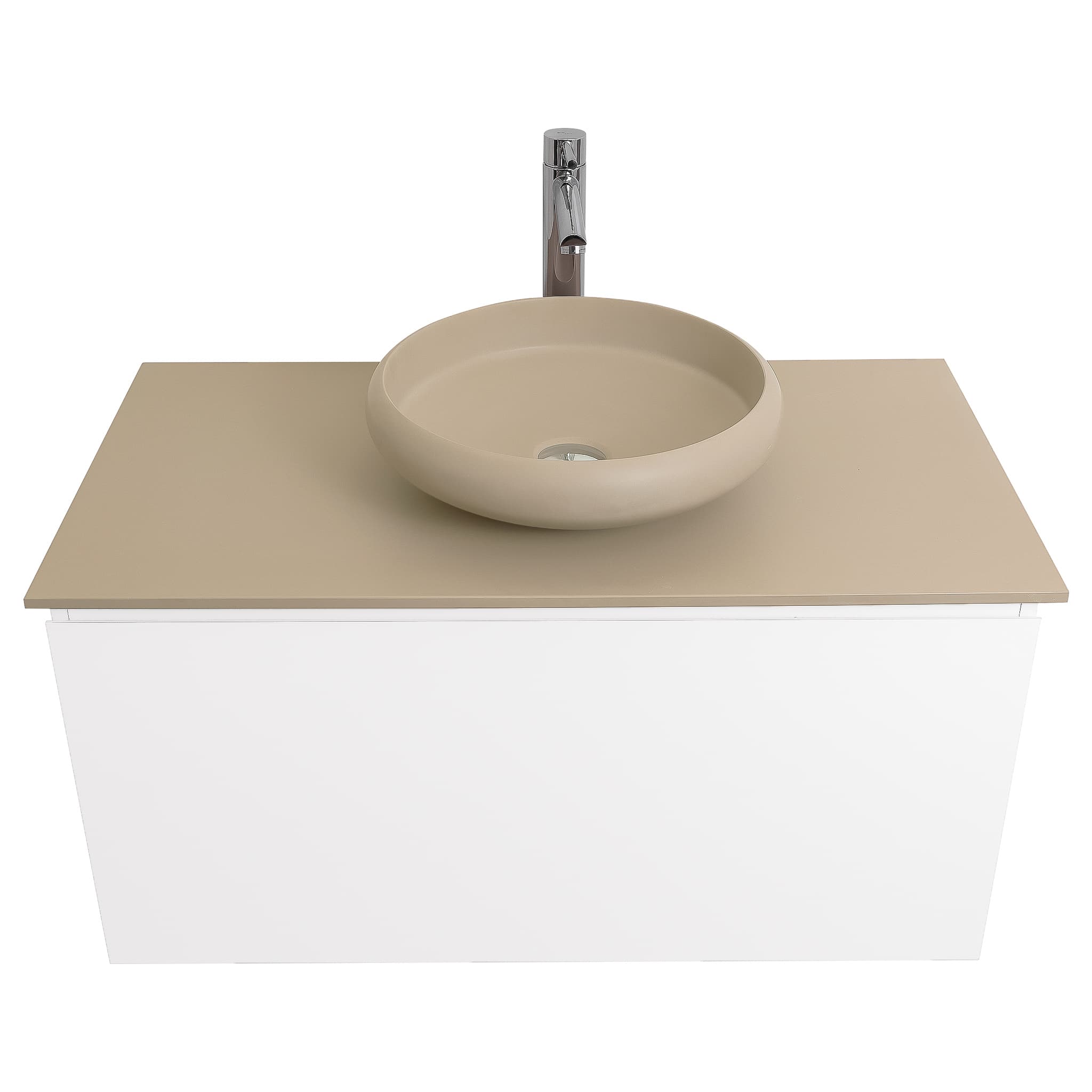 Venice 31.5 White High Gloss Cabinet, Solid Surface Flat Taupe Counter And Round Solid Surface Taupe Basin 1153, Wall Mounted Modern Vanity Set