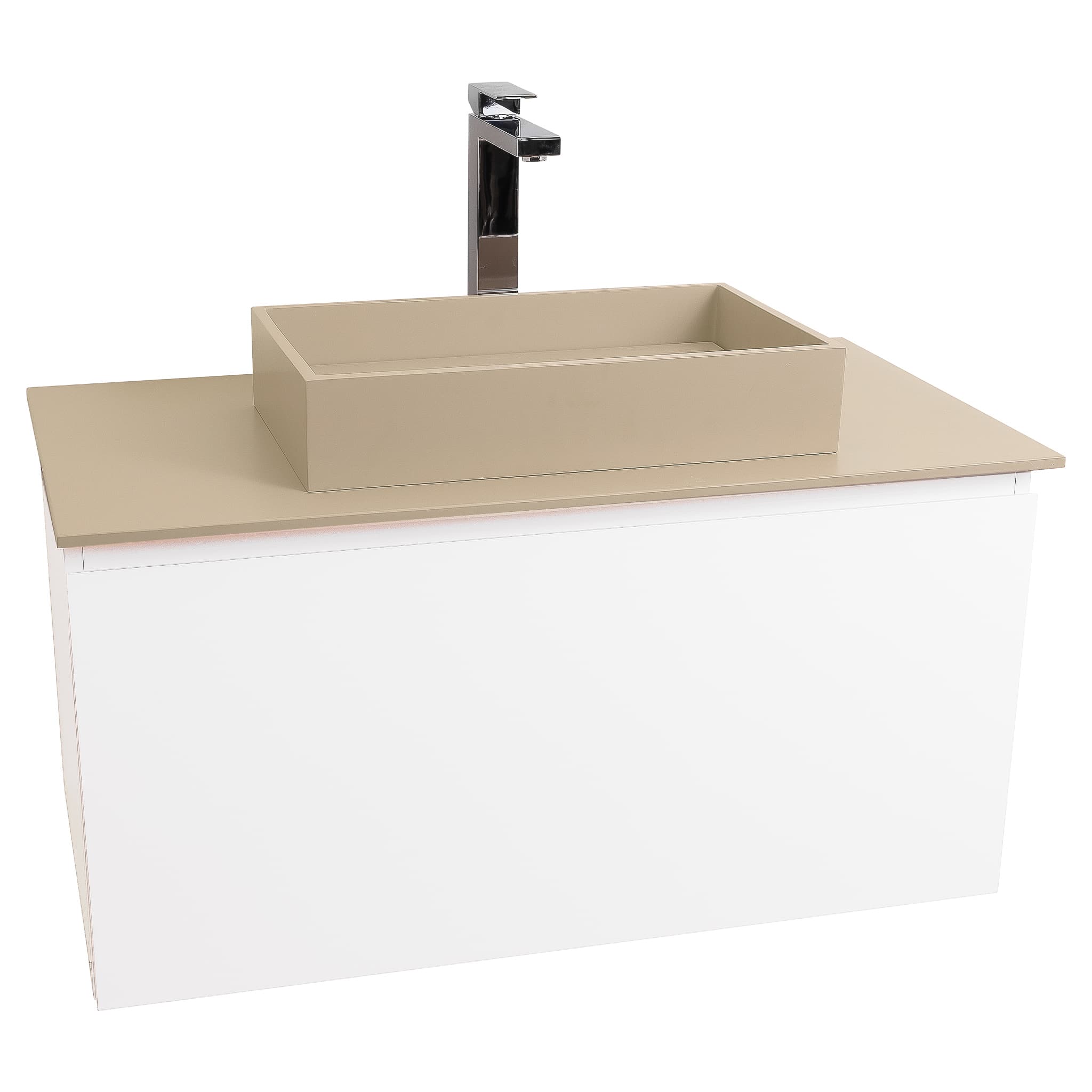 Venice 31.5 White High Gloss Cabinet, Solid Surface Flat Taupe Counter And Infinity Square Solid Surface Taupe Basin 1329, Wall Mounted Modern Vanity Set
