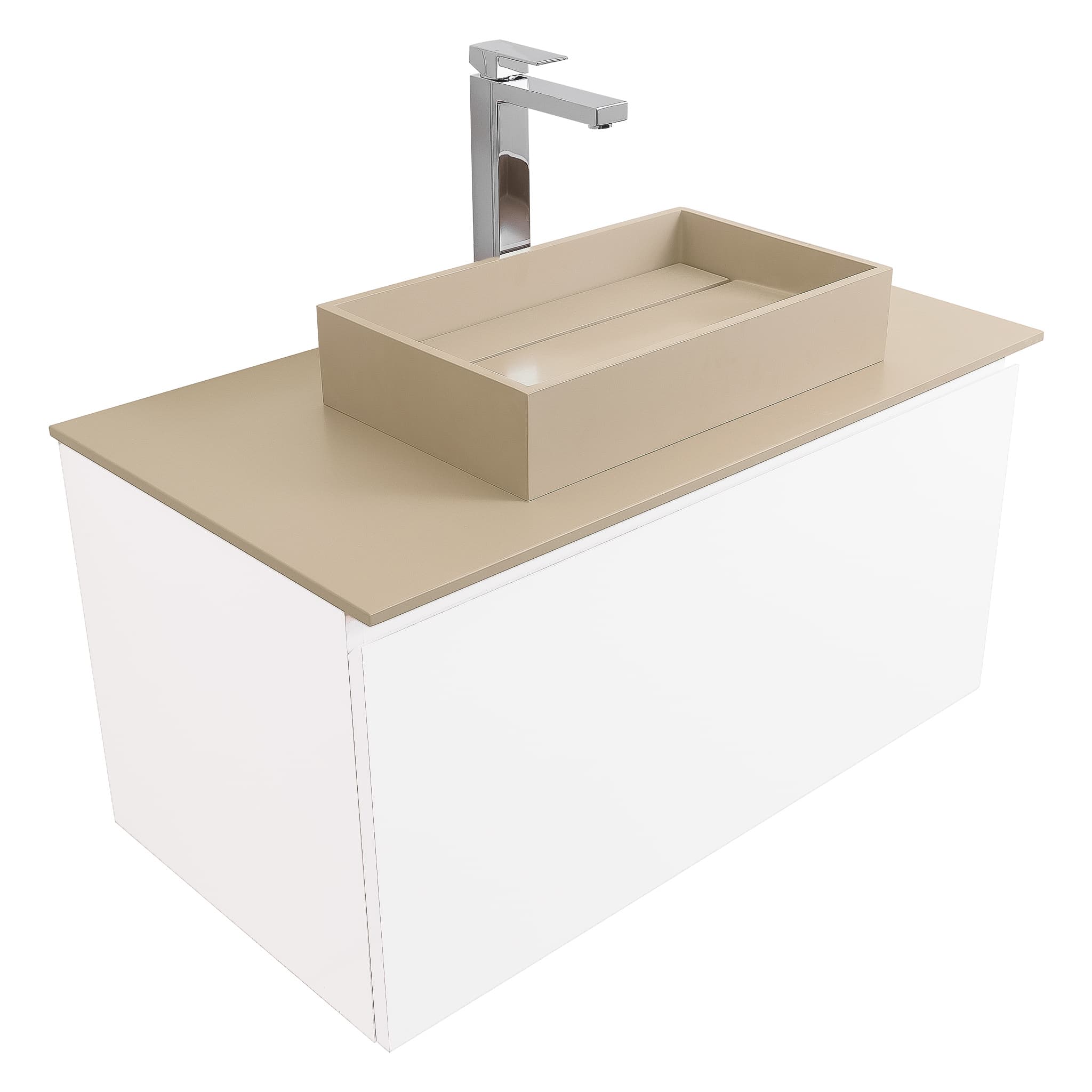 Venice 31.5 White High Gloss Cabinet, Solid Surface Flat Taupe Counter And Infinity Square Solid Surface Taupe Basin 1329, Wall Mounted Modern Vanity Set
