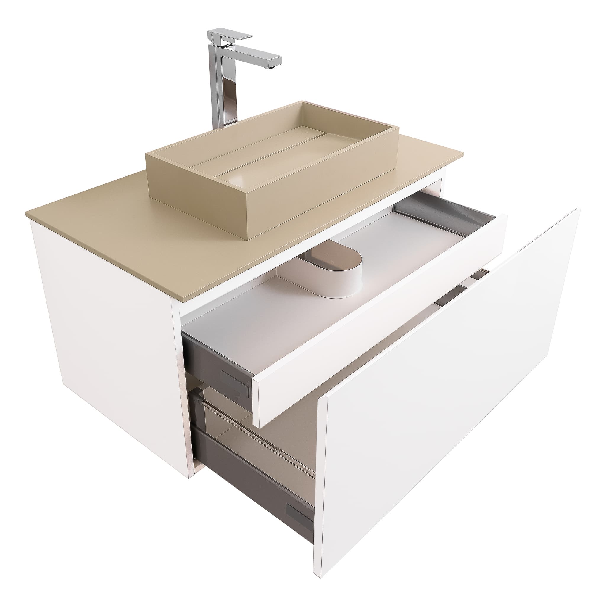 Venice 31.5 White High Gloss Cabinet, Solid Surface Flat Taupe Counter And Infinity Square Solid Surface Taupe Basin 1329, Wall Mounted Modern Vanity Set