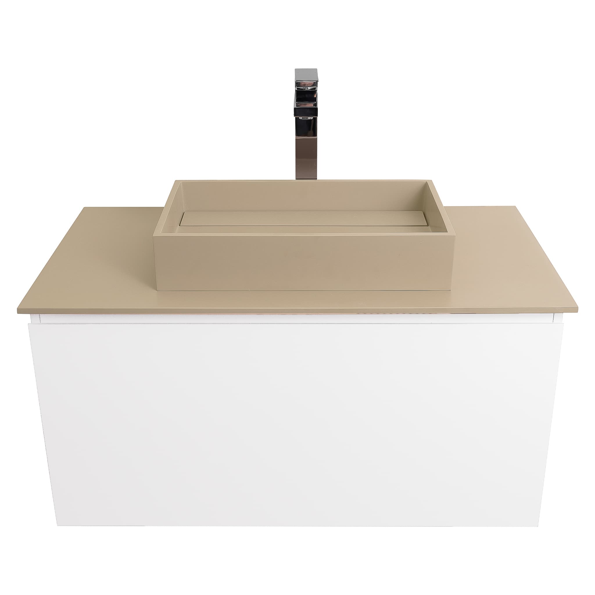 Venice 31.5 White High Gloss Cabinet, Solid Surface Flat Taupe Counter And Infinity Square Solid Surface Taupe Basin 1329, Wall Mounted Modern Vanity Set