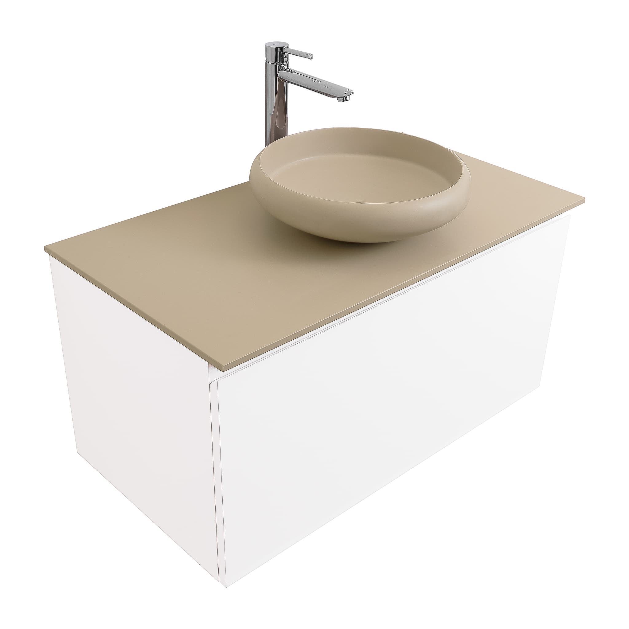 Venice 35.5 White High Gloss Cabinet, Solid Surface Flat Taupe Counter And Round Solid Surface Taupe Basin 1153, Wall Mounted Modern Vanity Set