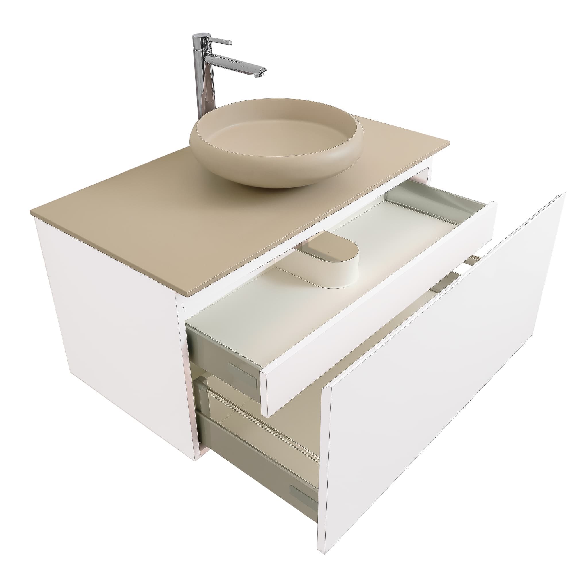 Venice 35.5 White High Gloss Cabinet, Solid Surface Flat Taupe Counter And Round Solid Surface Taupe Basin 1153, Wall Mounted Modern Vanity Set Bath Trends USA