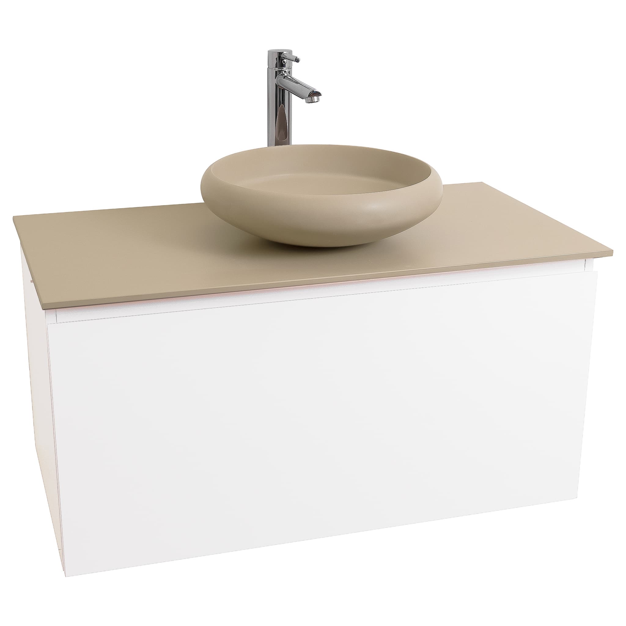 Venice 39.5 White High Gloss Cabinet, Solid Surface Flat Taupe Counter And Round Solid Surface Taupe Basin 1153, Wall Mounted Modern Vanity Set