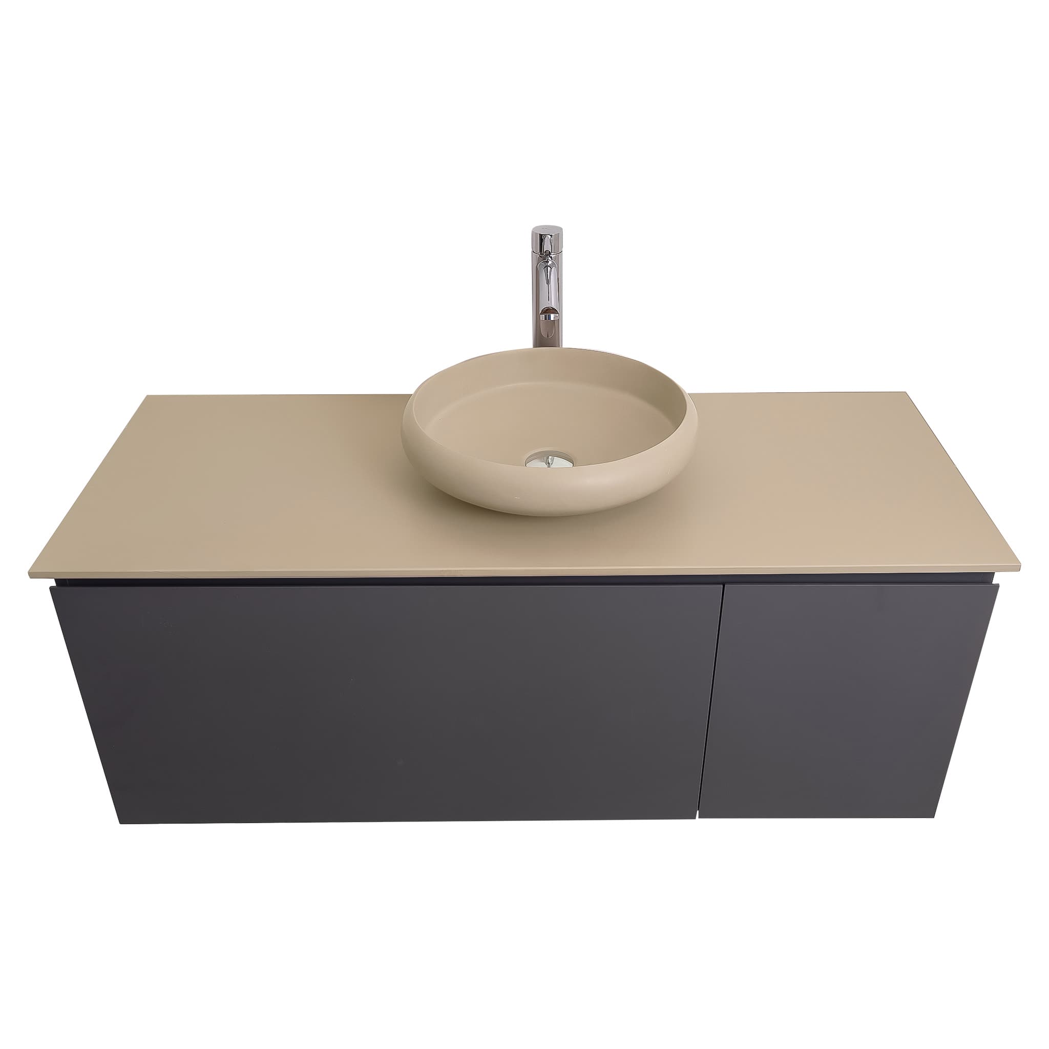 Venice 47.5 Anthracite High Gloss Cabinet, Solid Surface Flat Taupe Counter And Round Solid Surface Taupe Basin 1153, Wall Mounted Modern Vanity Set