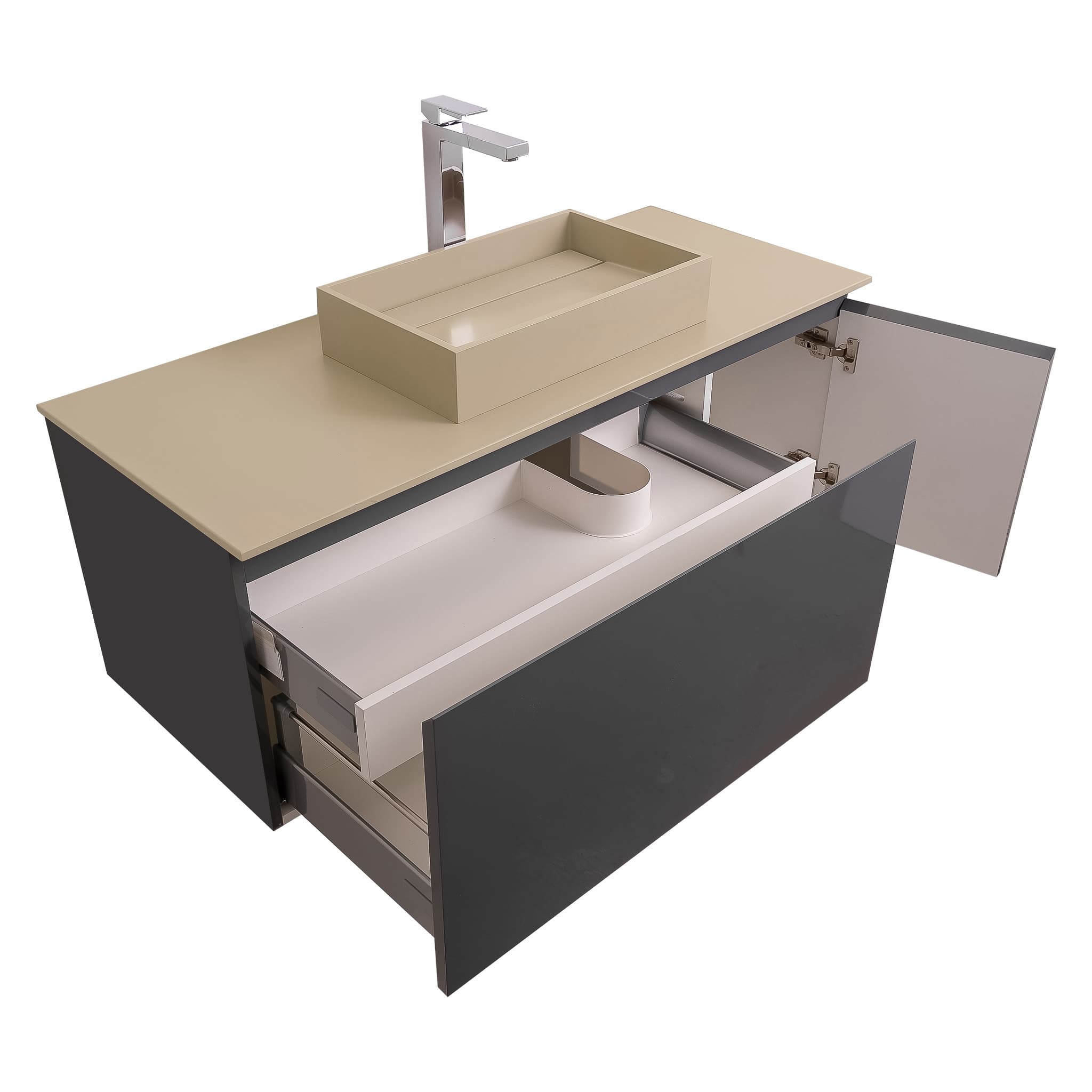 Venice 47.5 Anthracite High Gloss Cabinet, Solid Surface Flat Taupe Counter And Infinity Square Solid Surface Taupe Basin 1329, Wall Mounted Modern Vanity Set