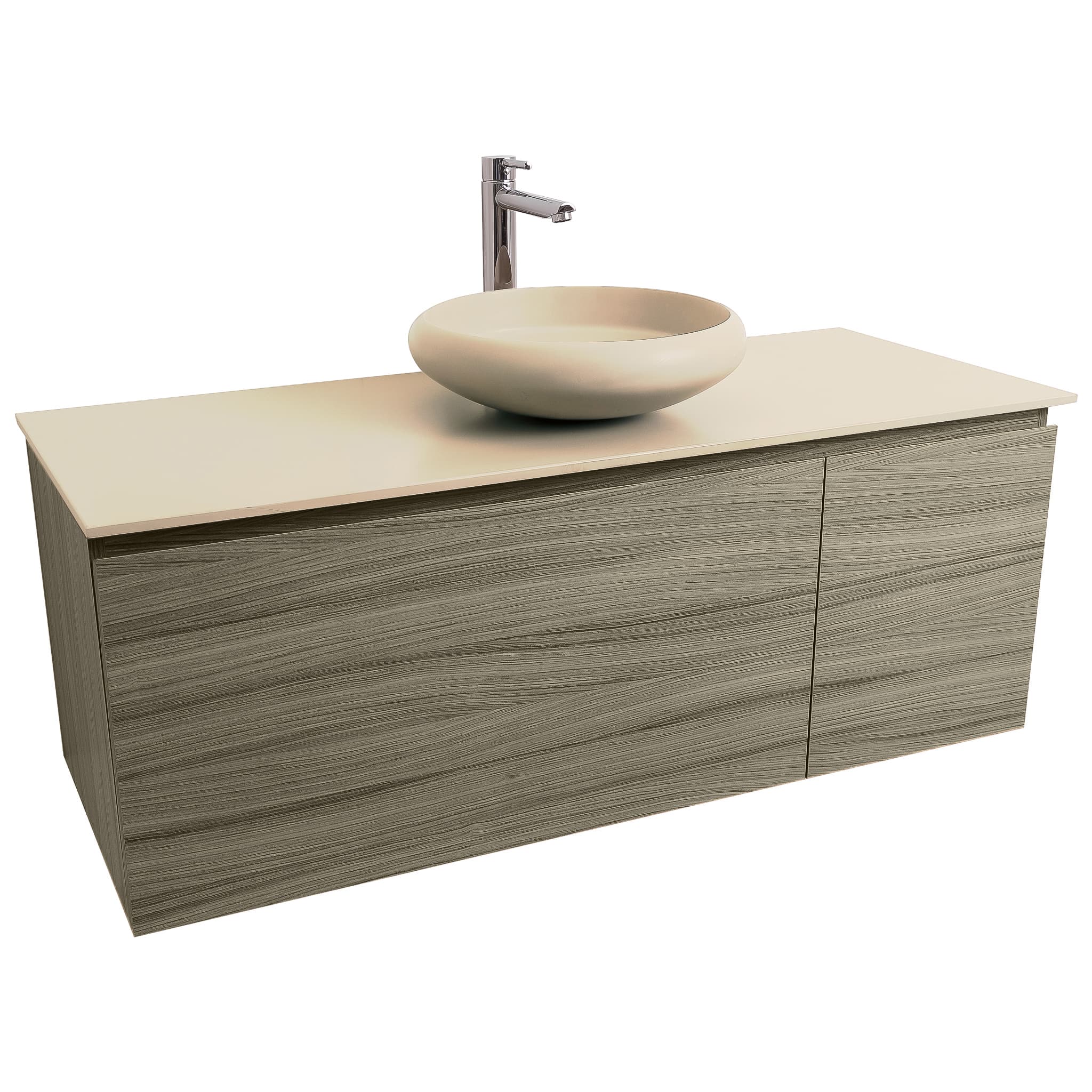 Venice 47.5 Nilo Grey Wood Texture Cabinet, Solid Surface Flat Taupe Counter And Round Solid Surface Taupe Basin 1153, Wall Mounted Modern Vanity Set