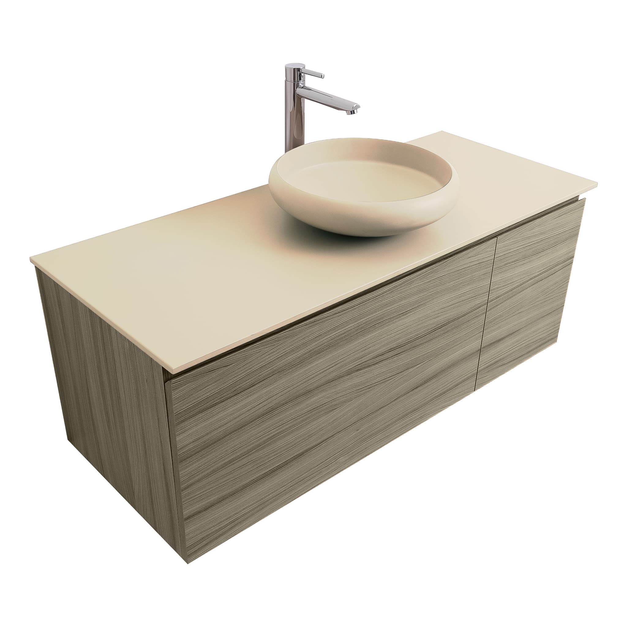 Venice 47.5 Nilo Grey Wood Texture Cabinet, Solid Surface Flat Taupe Counter And Round Solid Surface Taupe Basin 1153, Wall Mounted Modern Vanity Set