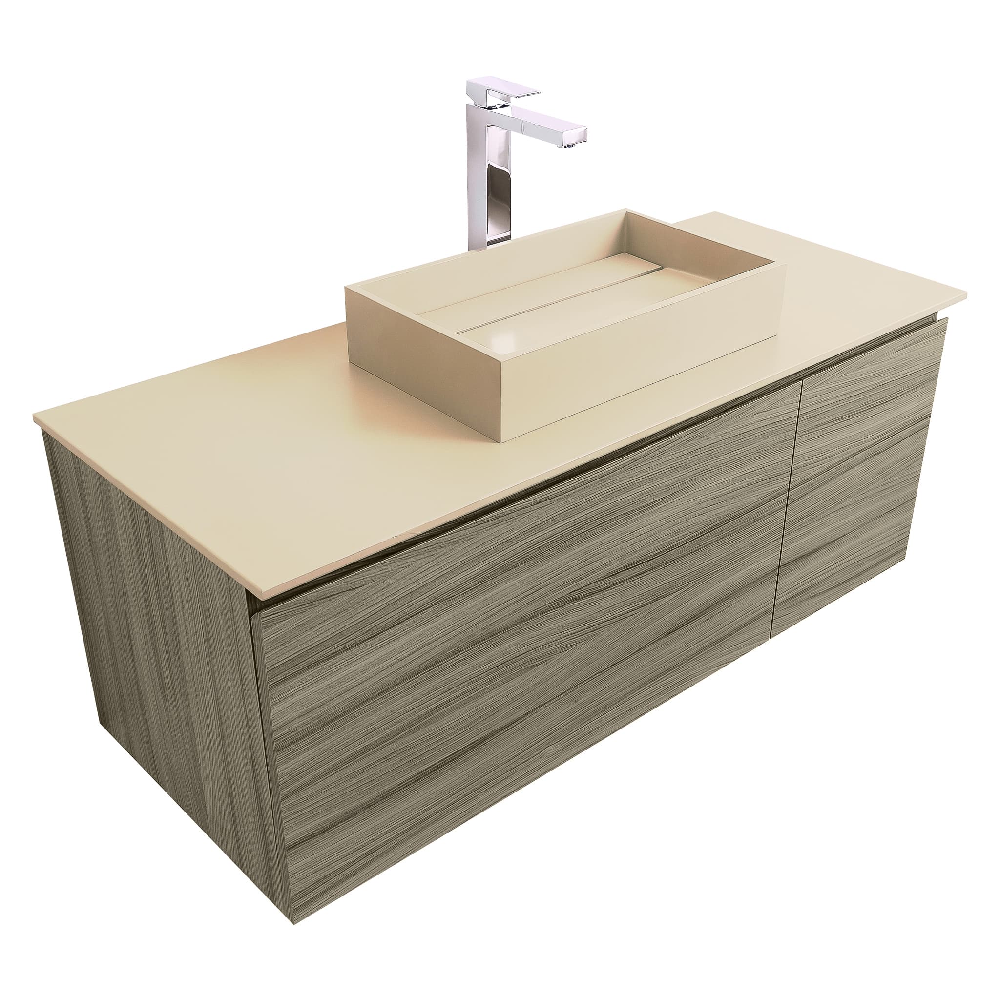 Venice 47.5 Nilo Grey Wood Texture Cabinet, Solid Surface Flat Taupe Counter And Infinity Square Solid Surface Taupe Basin 1329, Wall Mounted Modern Vanity Set