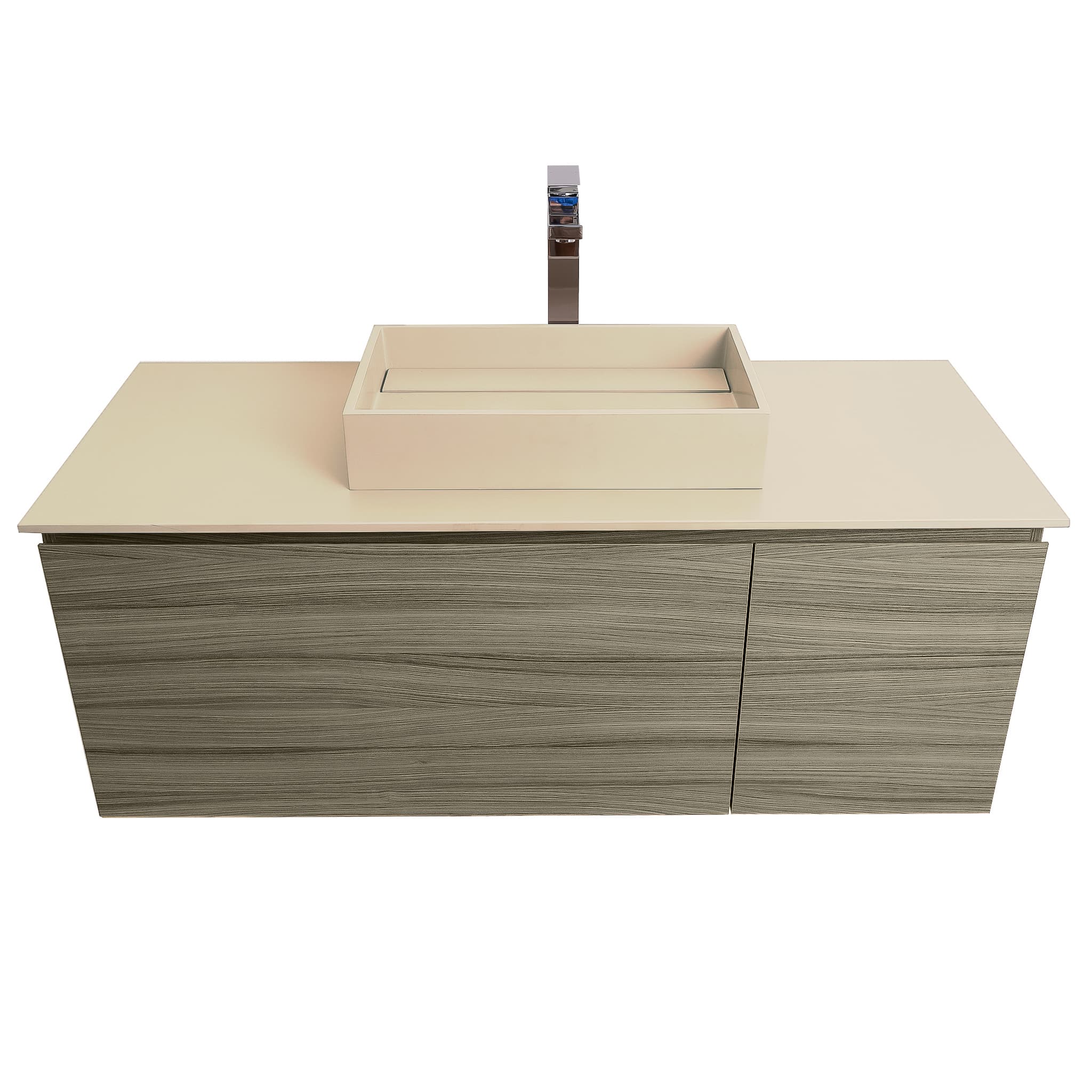Venice 47.5 Nilo Grey Wood Texture Cabinet, Solid Surface Flat Taupe Counter And Infinity Square Solid Surface Taupe Basin 1329, Wall Mounted Modern Vanity Set
