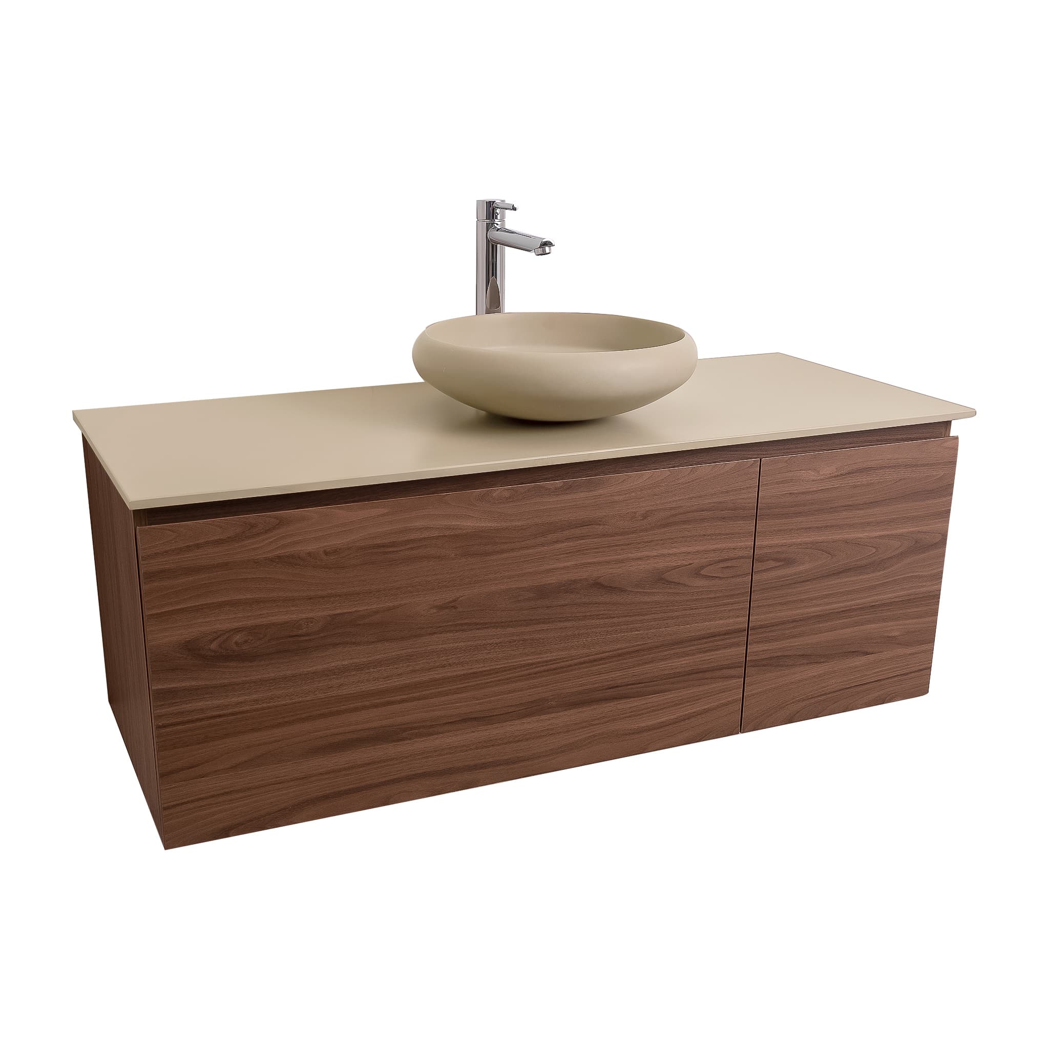 Venice 47.5 Walnut Wood Texture Cabinet, Solid Surface Flat Taupe Counter And Round Solid Surface Taupe Basin 1153, Wall Mounted Modern Vanity Set