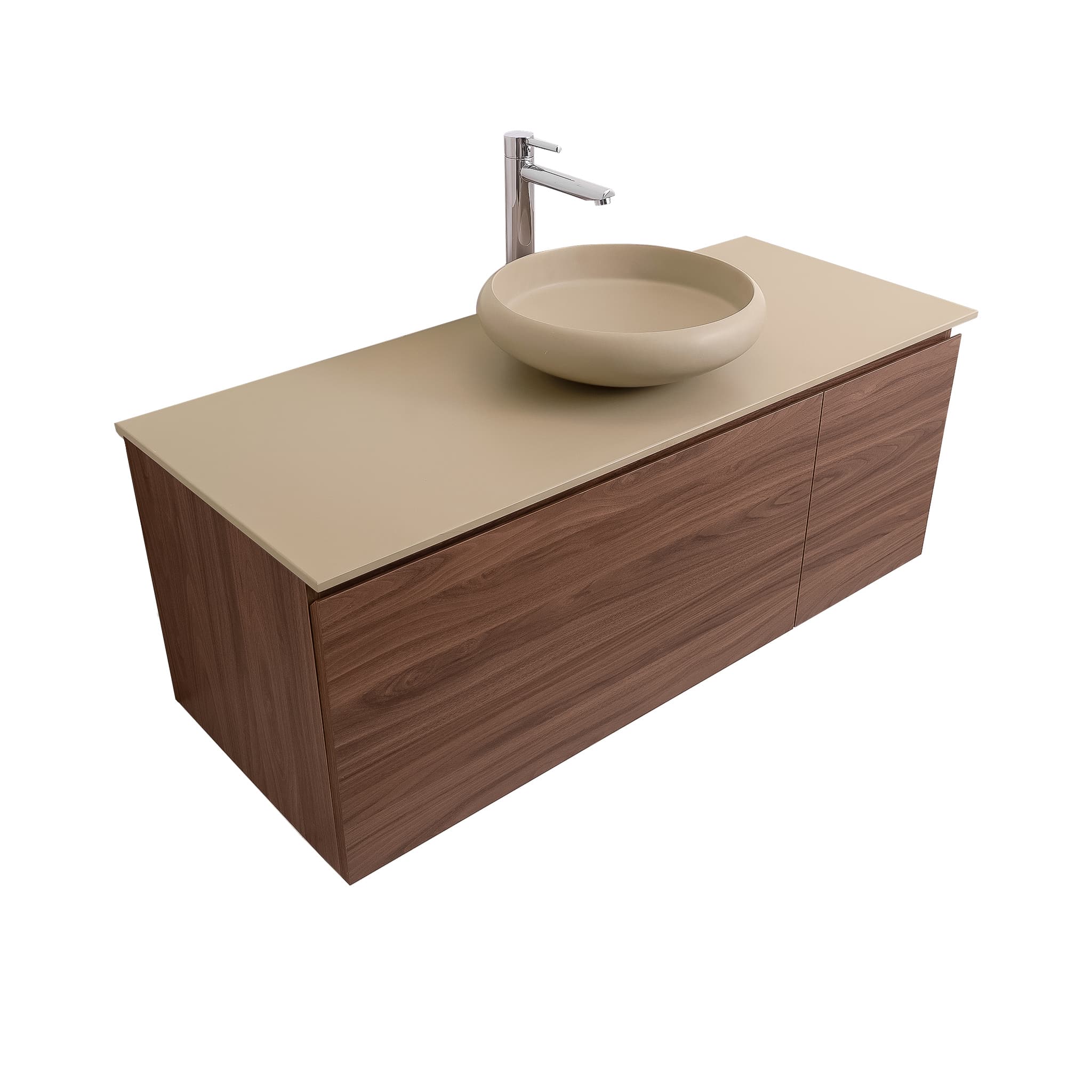 Venice 47.5 Walnut Wood Texture Cabinet, Solid Surface Flat Taupe Counter And Round Solid Surface Taupe Basin 1153, Wall Mounted Modern Vanity Set