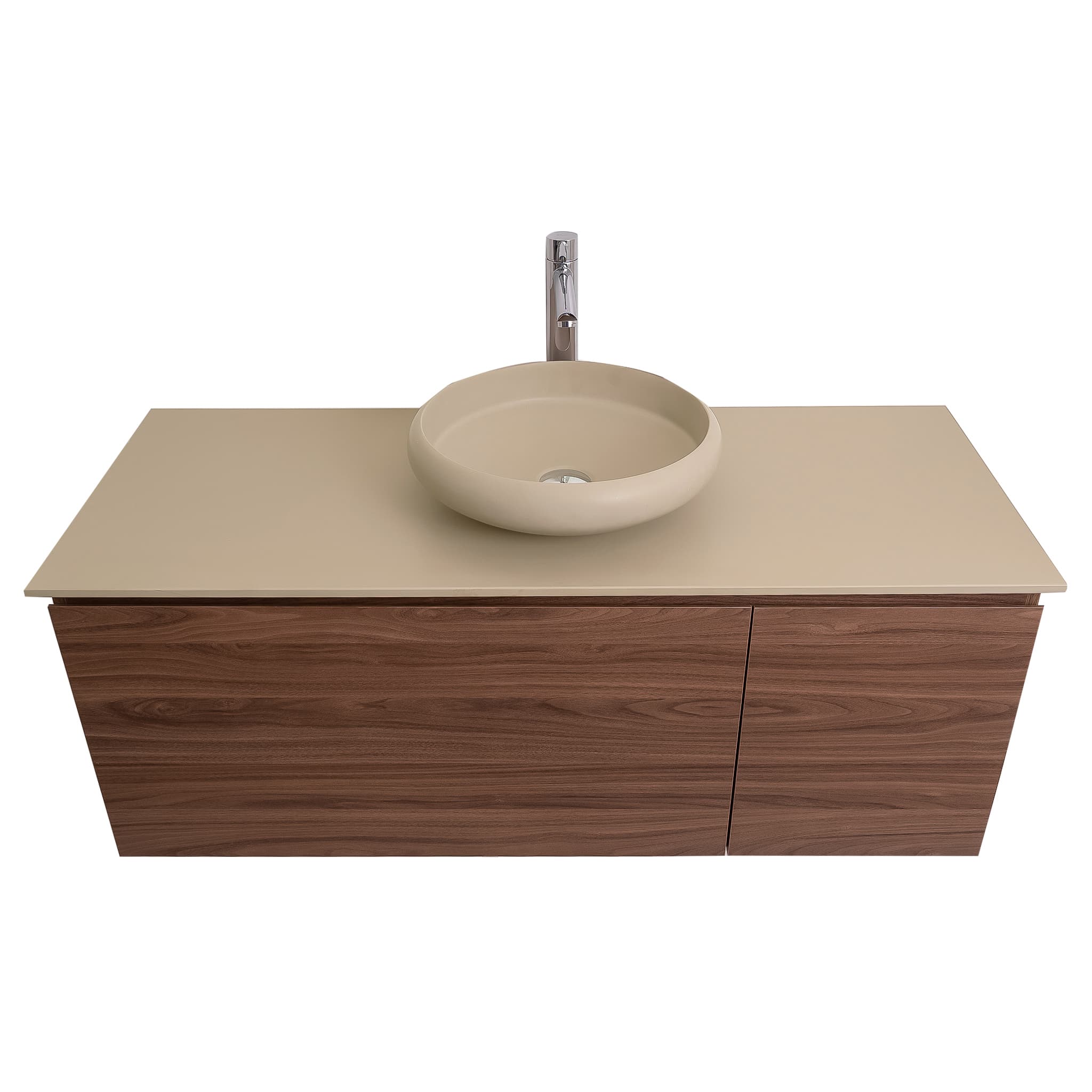 Venice 47.5 Walnut Wood Texture Cabinet, Solid Surface Flat Taupe Counter And Round Solid Surface Taupe Basin 1153, Wall Mounted Modern Vanity Set