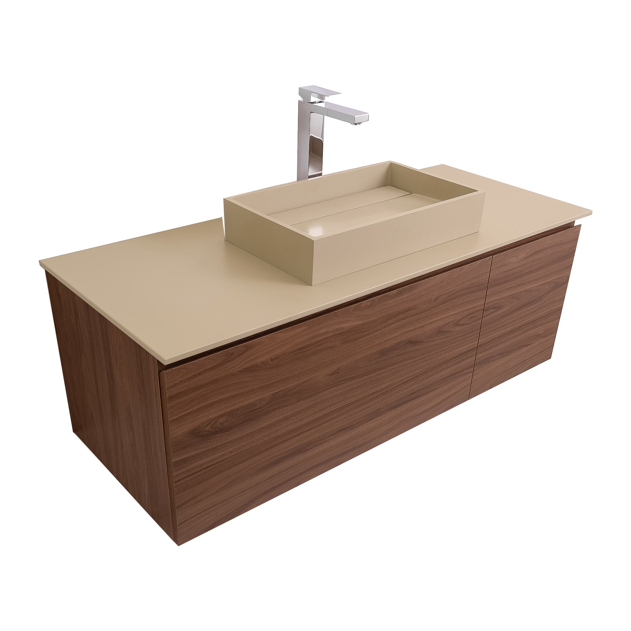 Venice 47.5 Walnut Wood Texture Cabinet, Solid Surface Flat Taupe Counter And Infinity Square Solid Surface Taupe Basin 1329, Wall Mounted Modern Vanity Set