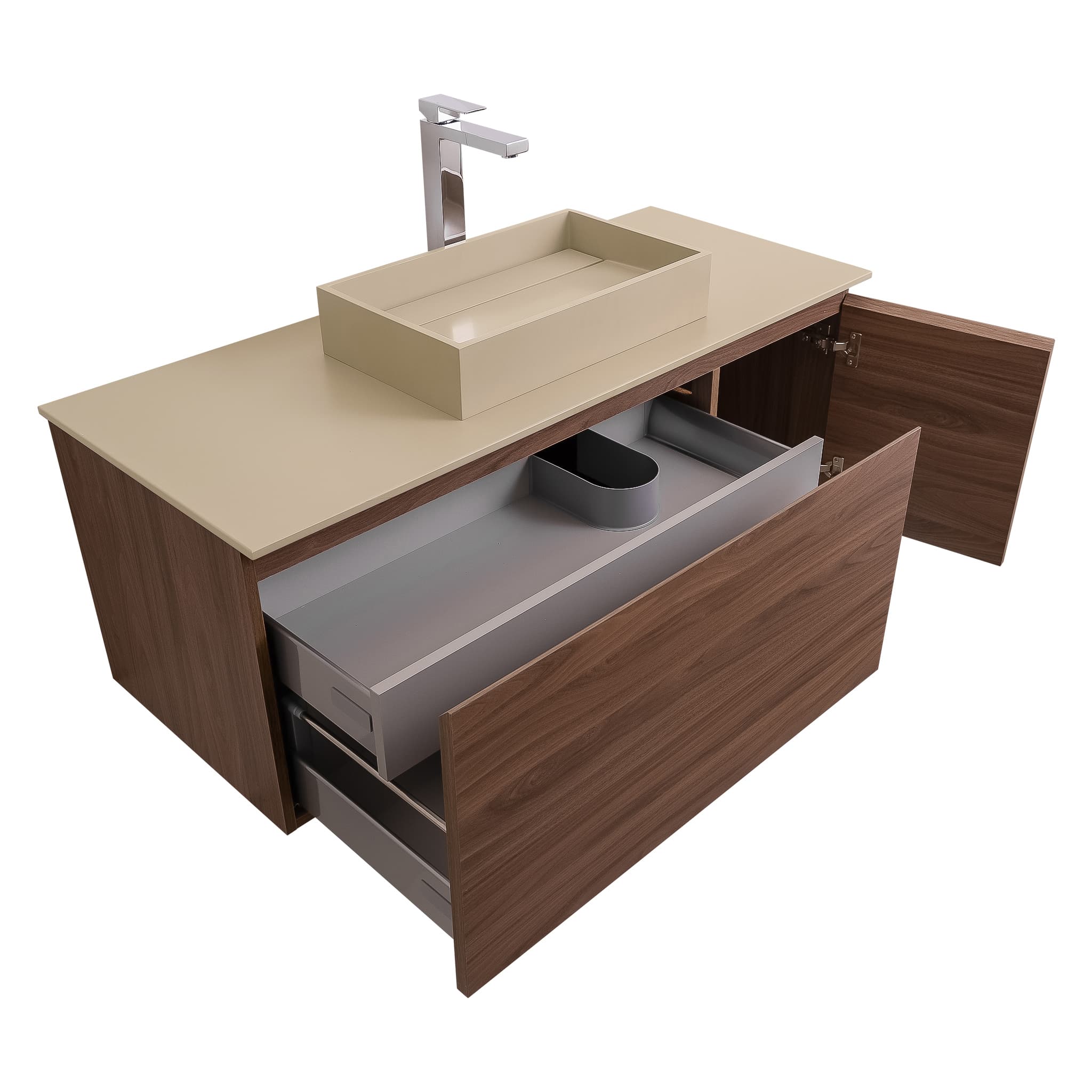 Venice 47.5 Walnut Wood Texture Cabinet, Solid Surface Flat Taupe Counter And Infinity Square Solid Surface Taupe Basin 1329, Wall Mounted Modern Vanity Set