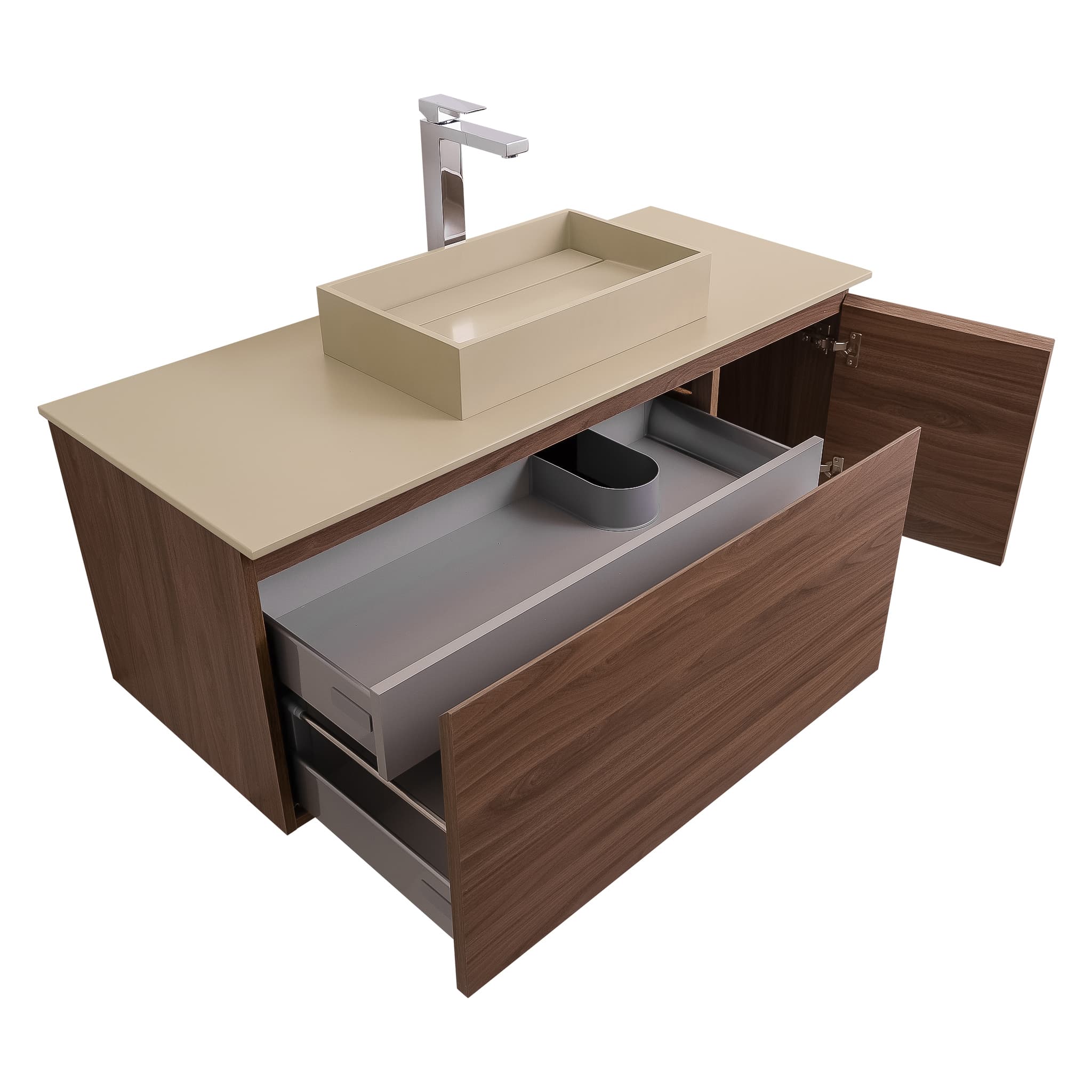 Venice 47.5 Walnut Wood Texture Cabinet, Solid Surface Flat Taupe Counter And Infinity Square Solid Surface Taupe Basin 1329, Wall Mounted Modern Vanity Set Bath Trends USA