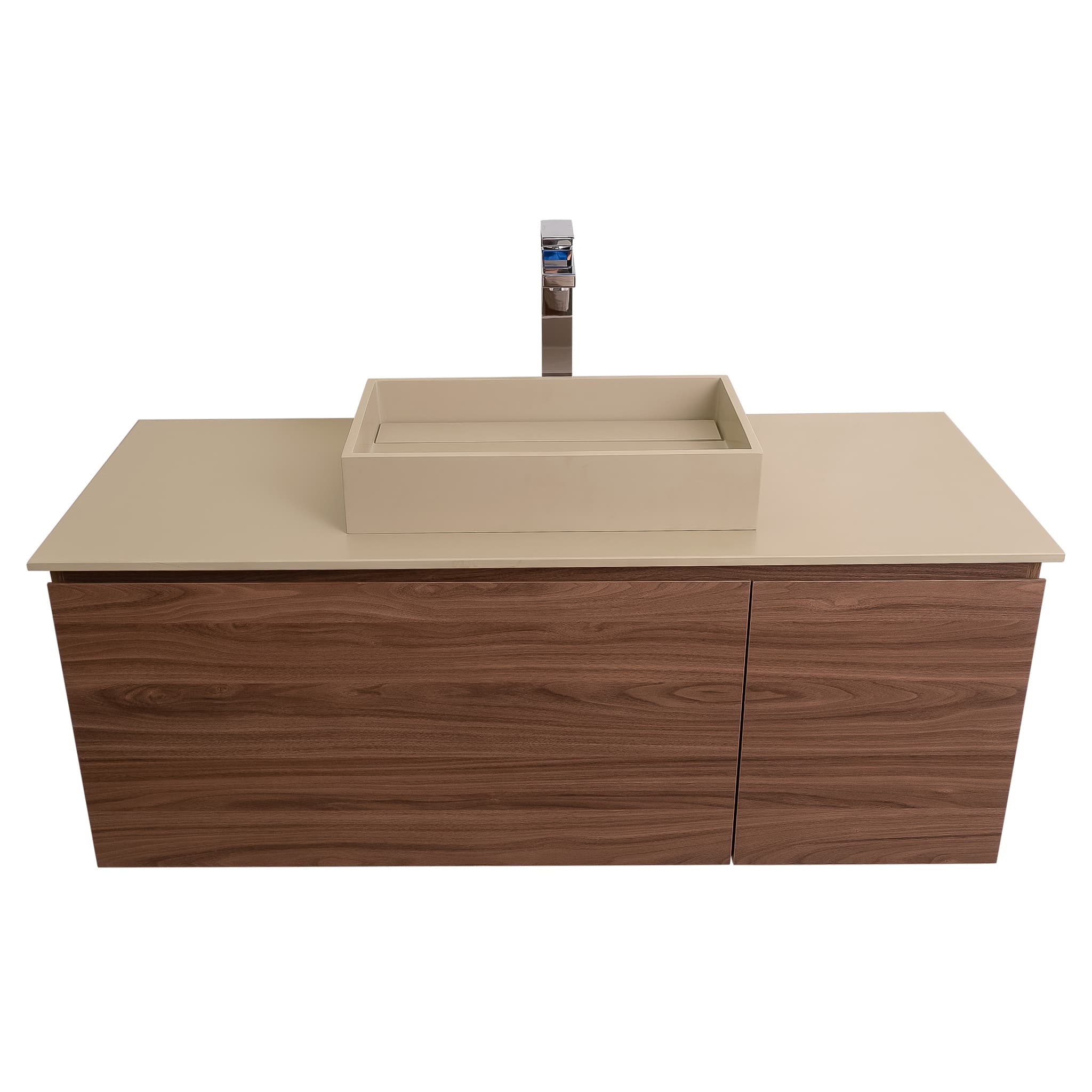 Venice 47.5 Walnut Wood Texture Cabinet, Solid Surface Flat Taupe Counter And Infinity Square Solid Surface Taupe Basin 1329, Wall Mounted Modern Vanity Set