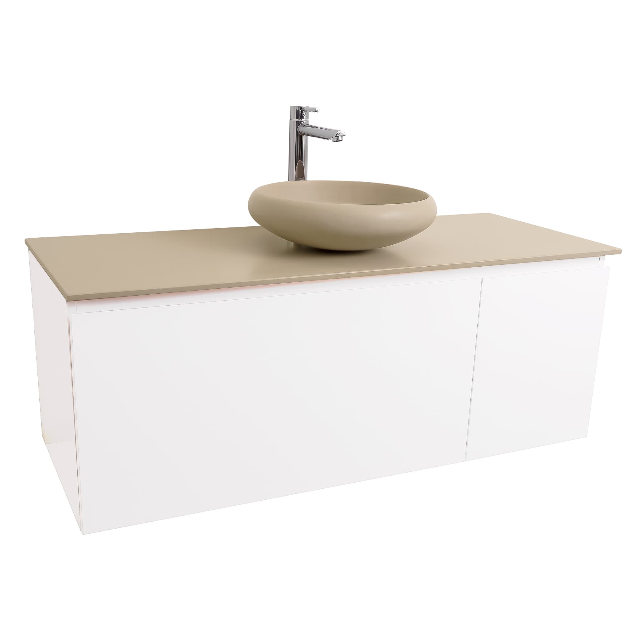 Venice 47.5 White High Gloss Cabinet, Solid Surface Flat Taupe Counter And Round Solid Surface Taupe Basin 1153, Wall Mounted Modern Vanity Set