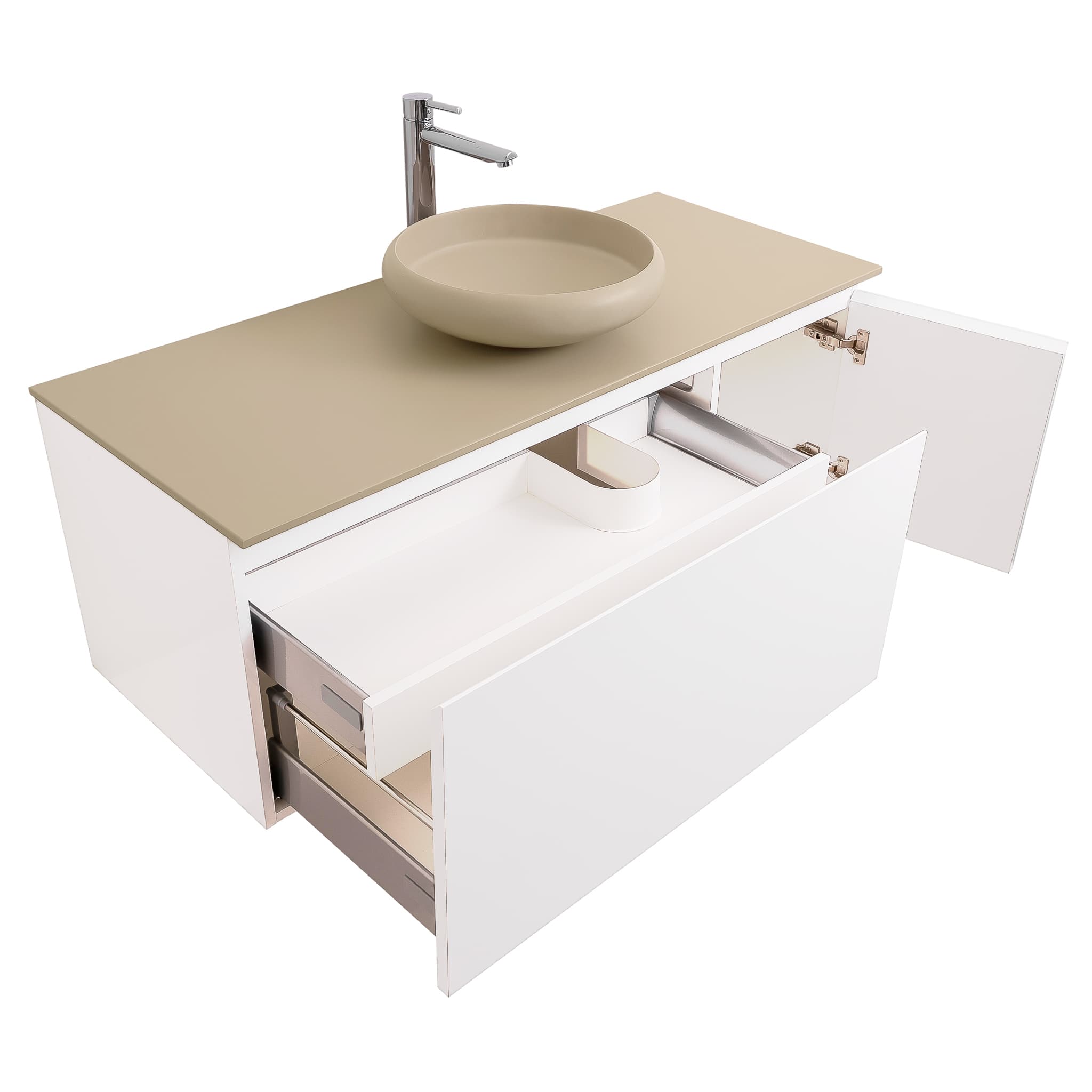 Venice 47.5 White High Gloss Cabinet, Solid Surface Flat Taupe Counter And Round Solid Surface Taupe Basin 1153, Wall Mounted Modern Vanity Set