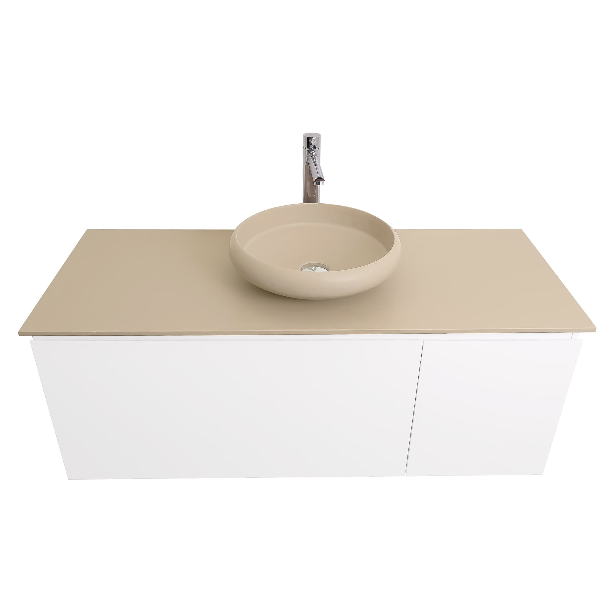 Venice 47.5 White High Gloss Cabinet, Solid Surface Flat Taupe Counter And Round Solid Surface Taupe Basin 1153, Wall Mounted Modern Vanity Set