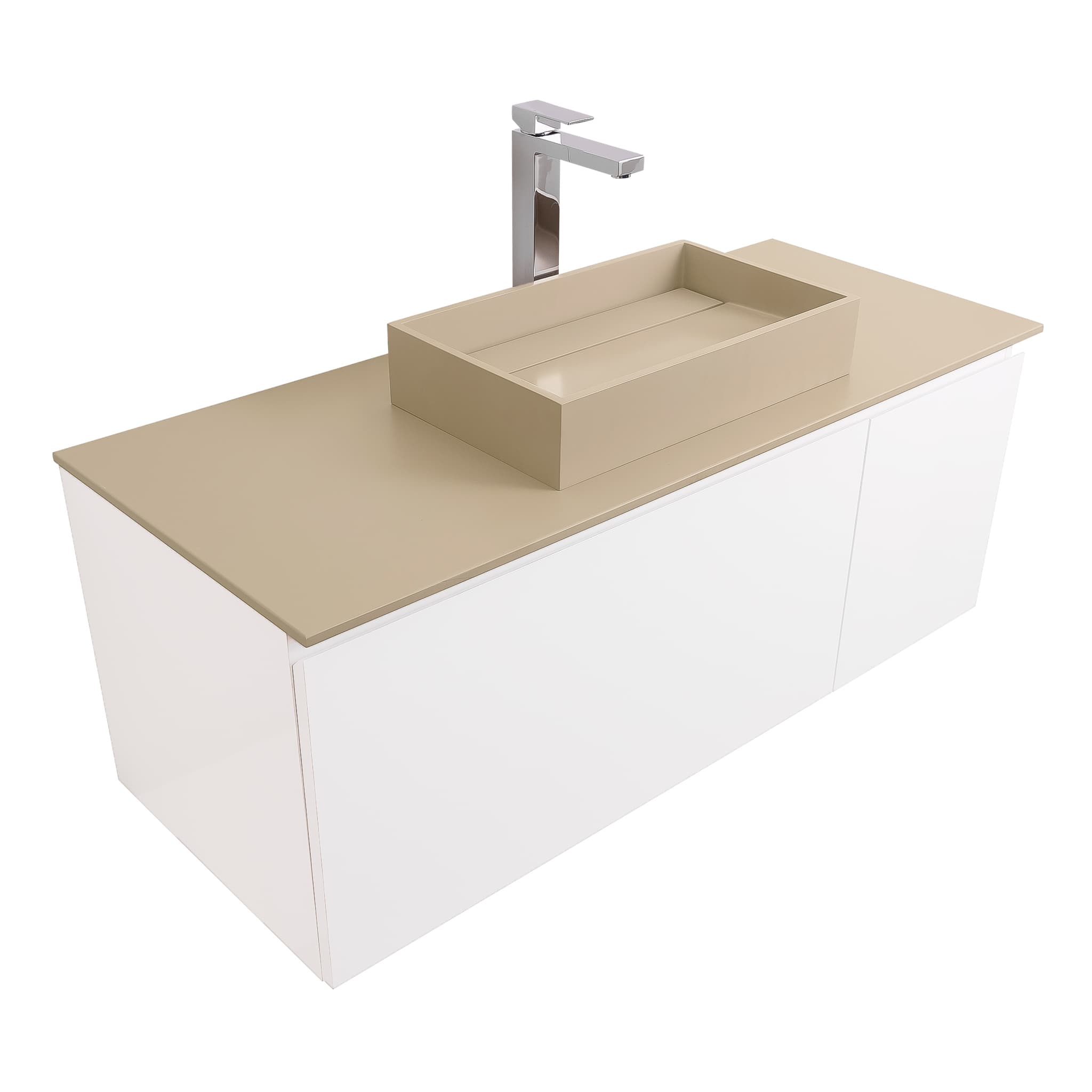 Venice 47.5 White High Gloss Cabinet, Solid Surface Flat Taupe Counter And Infinity Square Solid Surface Taupe Basin 1329, Wall Mounted Modern Vanity Set