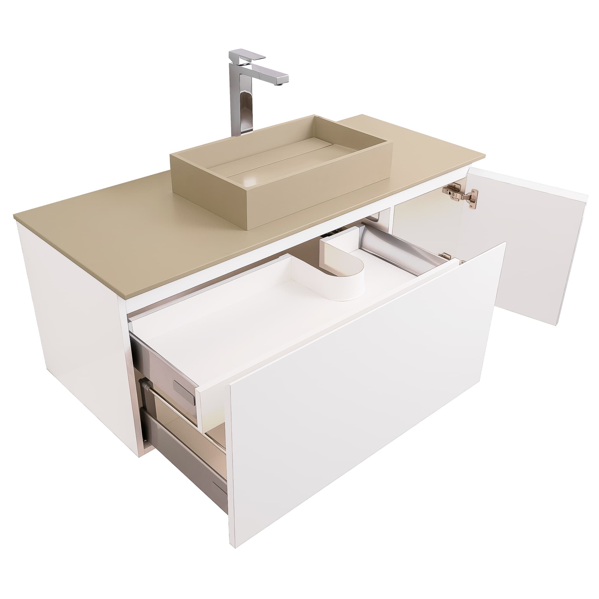 Venice 47.5 White High Gloss Cabinet, Solid Surface Flat Taupe Counter And Infinity Square Solid Surface Taupe Basin 1329, Wall Mounted Modern Vanity Set