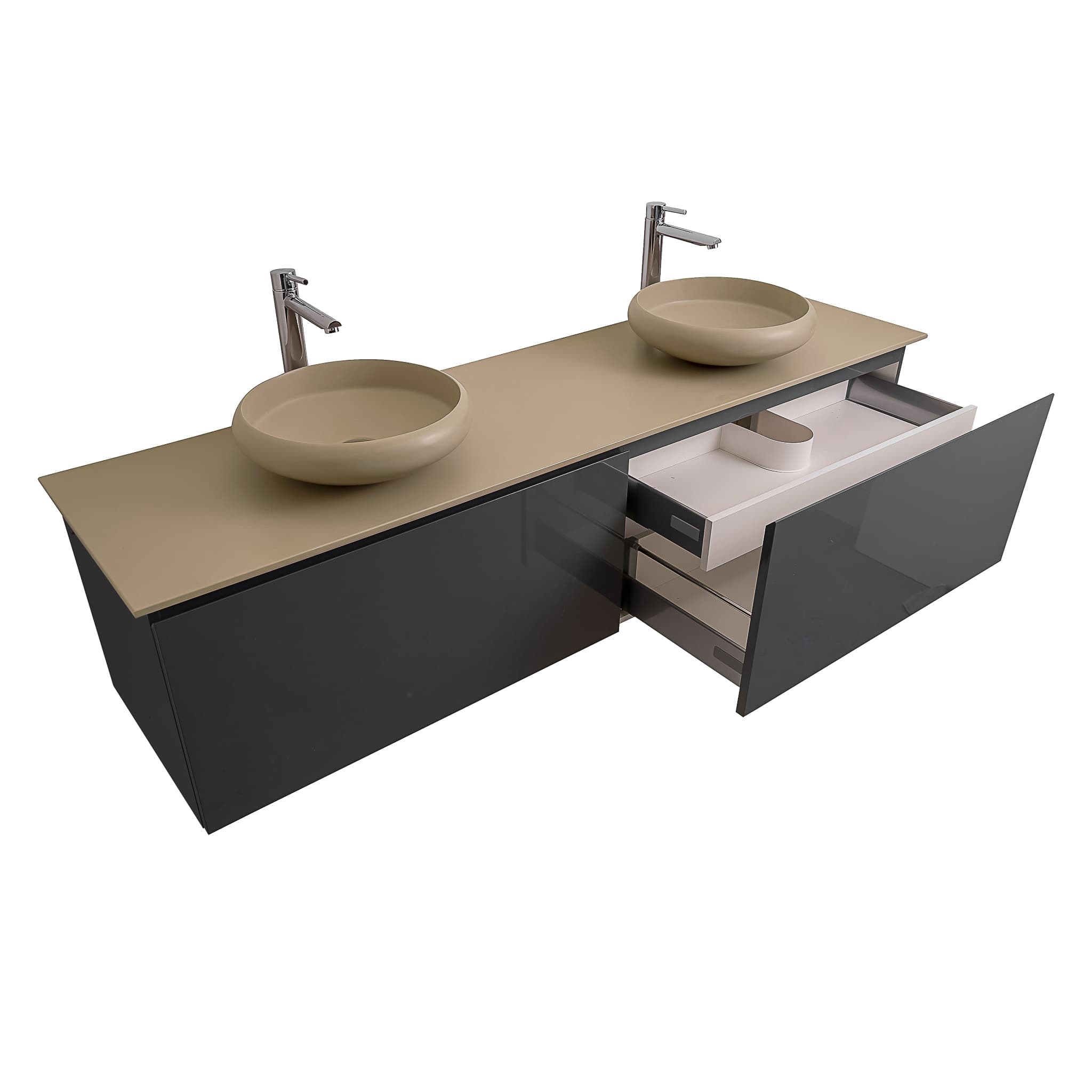 Venice 63 Anthracite High Gloss Cabinet, Solid Surface Flat Taupe Counter And Two Round Solid Surface Taupe Basin 1153, Wall Mounted Modern Vanity Set