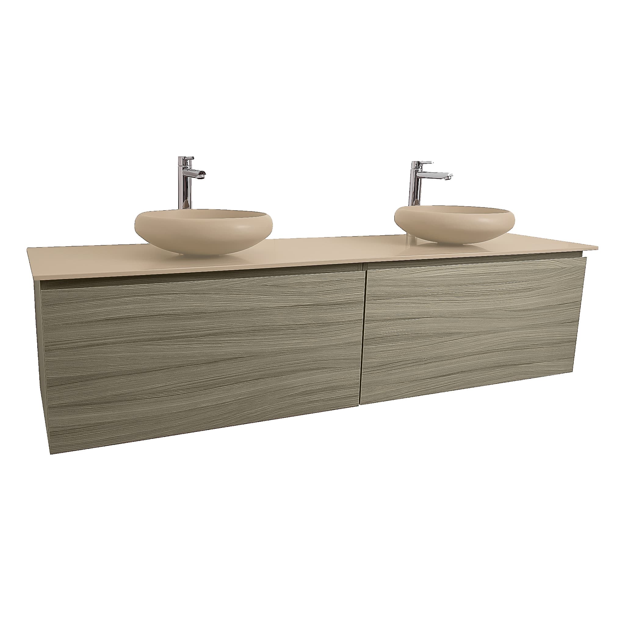 Venice 63 Nilo Grey Wood Texture Cabinet, Solid Surface Flat Taupe Counter And Two Round Solid Surface Taupe Basin 1153, Wall Mounted Modern Vanity Set