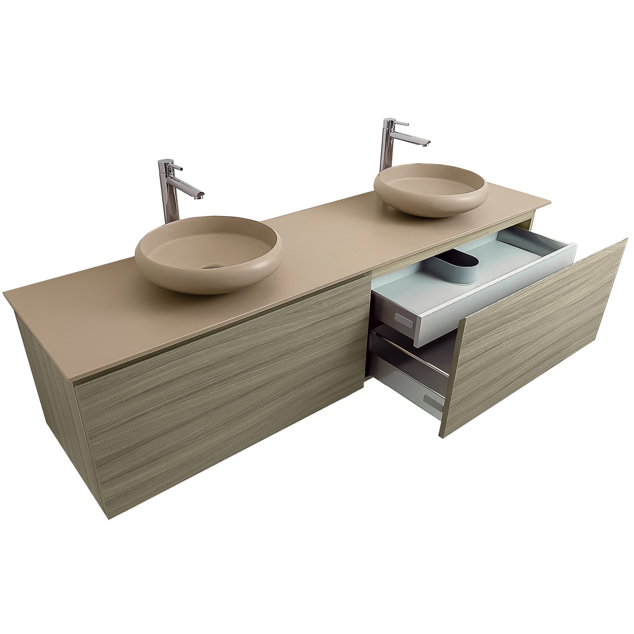 Venice 63 Nilo Grey Wood Texture Cabinet, Solid Surface Flat Taupe Counter And Two Round Solid Surface Taupe Basin 1153, Wall Mounted Modern Vanity Set