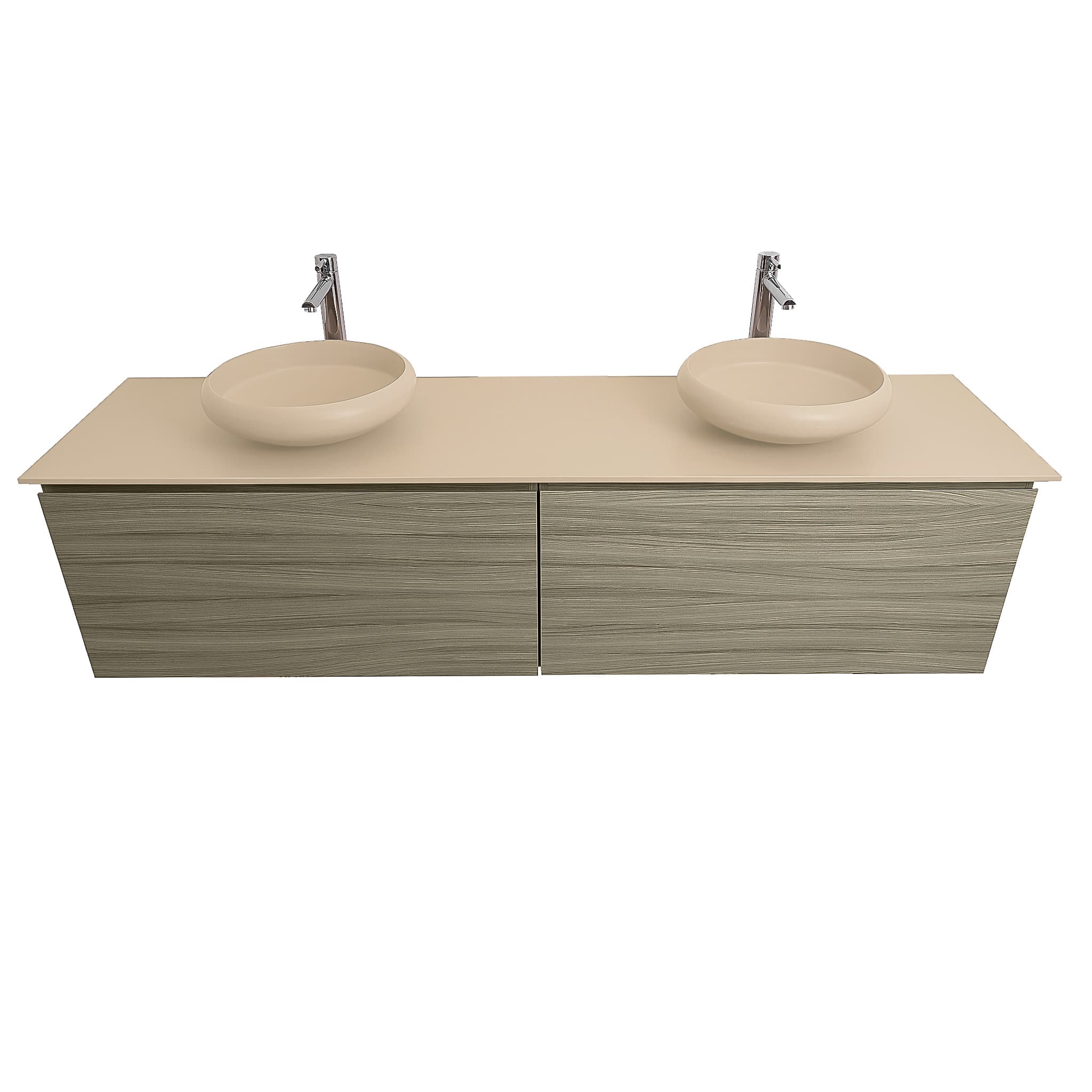 Venice 63 Nilo Grey Wood Texture Cabinet, Solid Surface Flat Taupe Counter And Two Round Solid Surface Taupe Basin 1153, Wall Mounted Modern Vanity Set