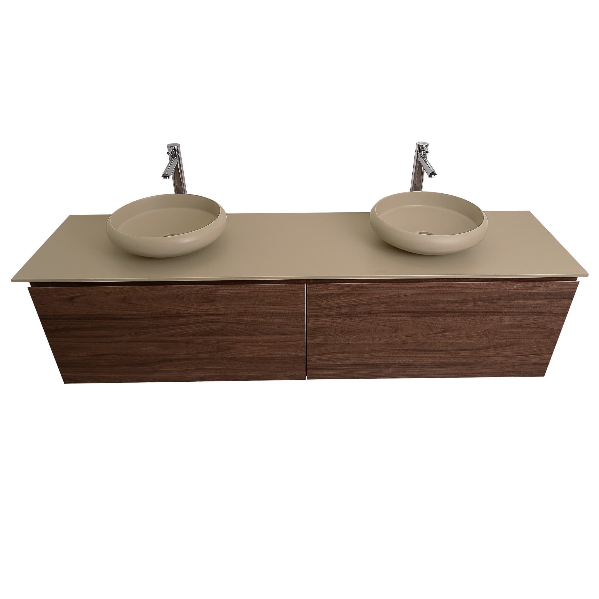 Venice 63 Walnut Wood Texture Cabinet, Solid Surface Flat Taupe Counter And Two Round Solid Surface Taupe Basin 1153, Wall Mounted Modern Vanity Set