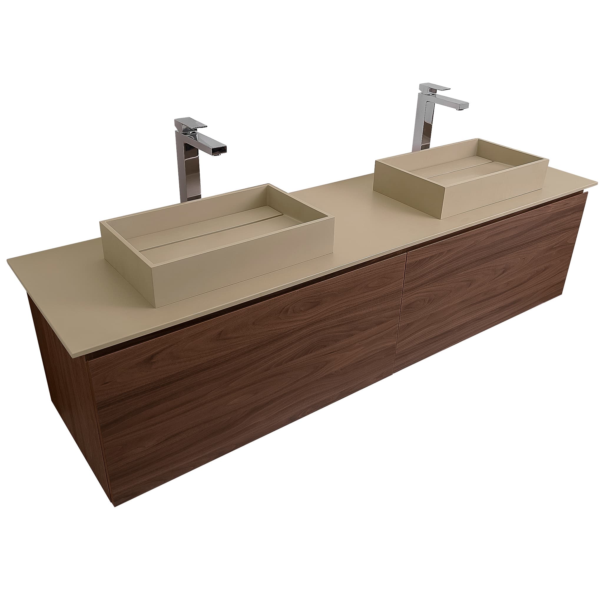 Venice 63 Walnut Wood Texture Cabinet, Solid Surface Flat Taupe Counter And Two Two Infinity Square Solid Surface Taupe Basin 1329, Wall Mounted Modern Vanity Set