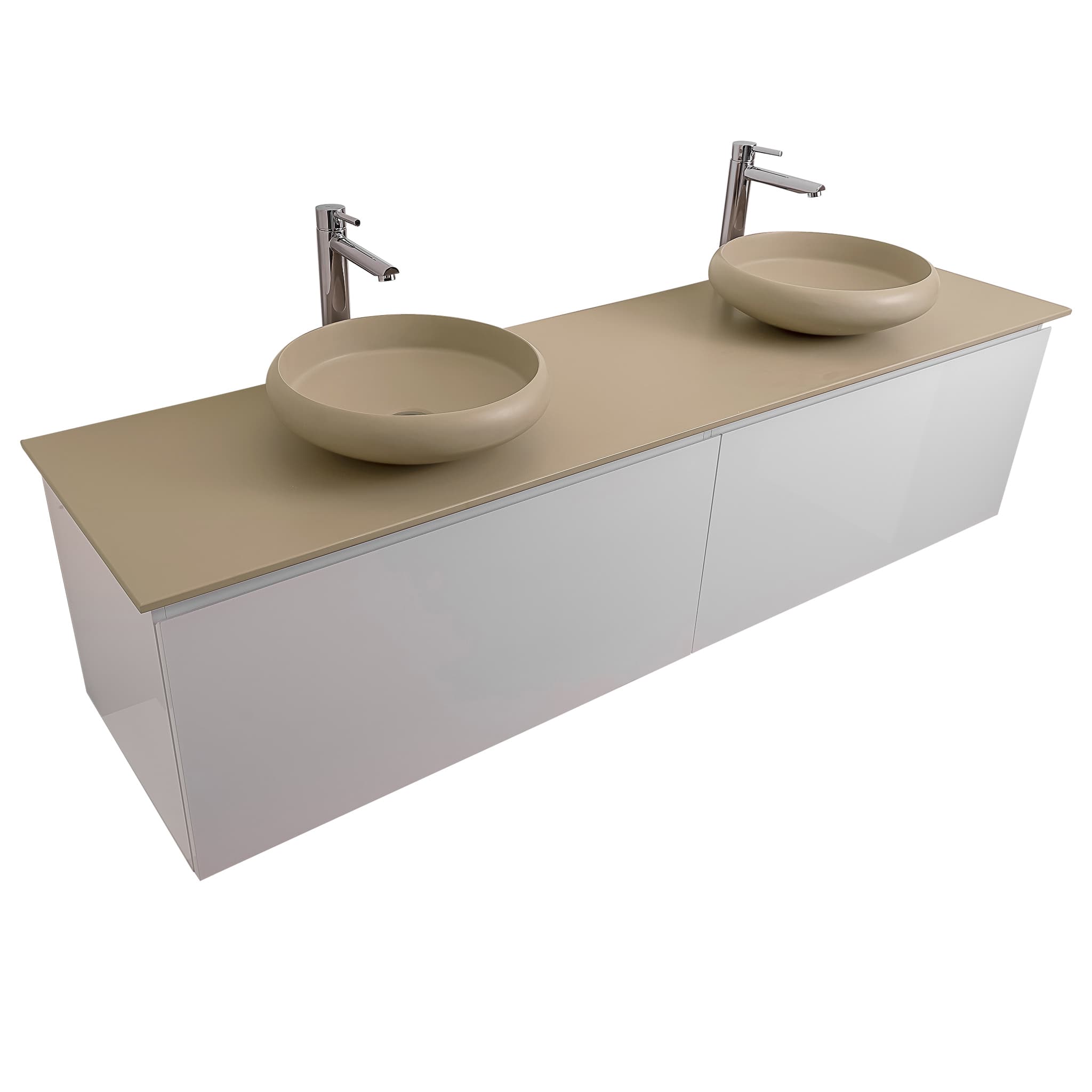 Venice 63 White High Gloss Cabinet, Solid Surface Flat Taupe Counter And Two Round Solid Surface Taupe Basin 1153, Wall Mounted Modern Vanity Set