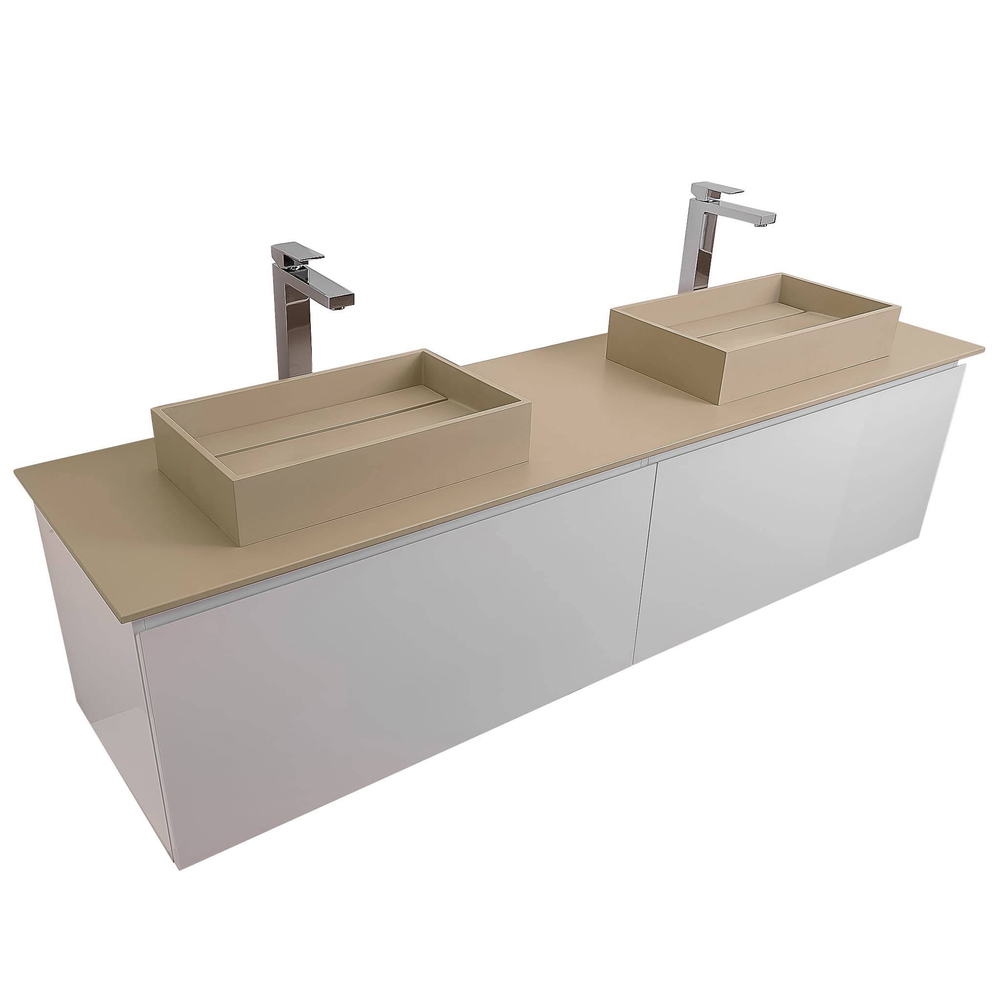 Venice 63 White High Gloss Cabinet, Solid Surface Flat Taupe Counter And Two Two  Infinity Square Solid Surface Taupe Basin 1329, Wall Mounted Modern Vanity Set