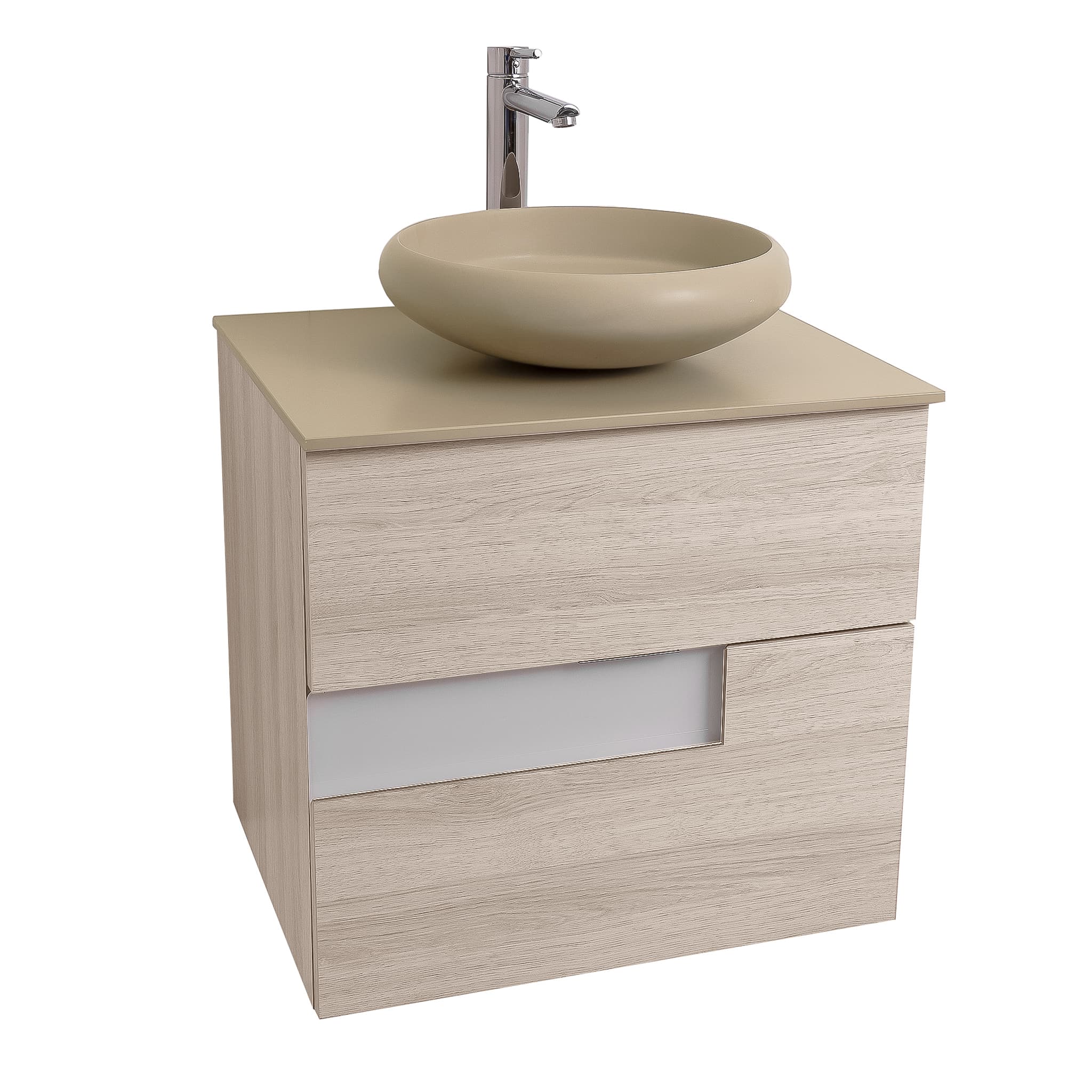 Vision 23.5 Natural Light Wood Cabinet, Solid Surface Flat Taupe Counter And Round Solid Surface Taupe Basin 1153, Wall Mounted Modern Vanity Set