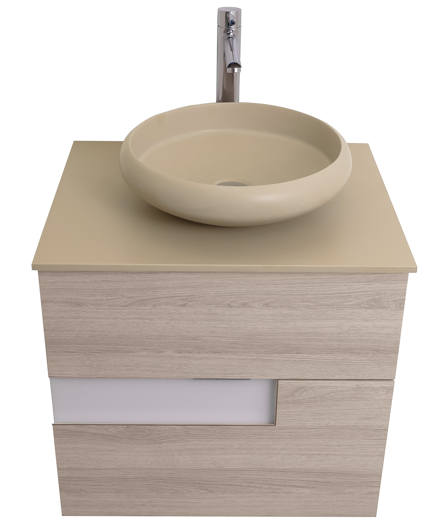 Vision 23.5 Natural Light Wood Cabinet, Solid Surface Flat Taupe Counter And Round Solid Surface Taupe Basin 1153, Wall Mounted Modern Vanity Set