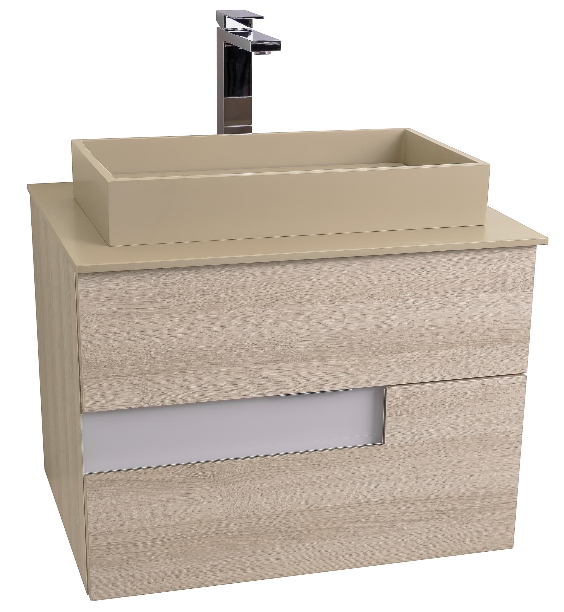 Vision 23.5 Natural Light Wood Cabinet, Solid Surface Flat Taupe Counter And Infinity Square Solid Surface Taupe Basin 1329, Wall Mounted Modern Vanity Set