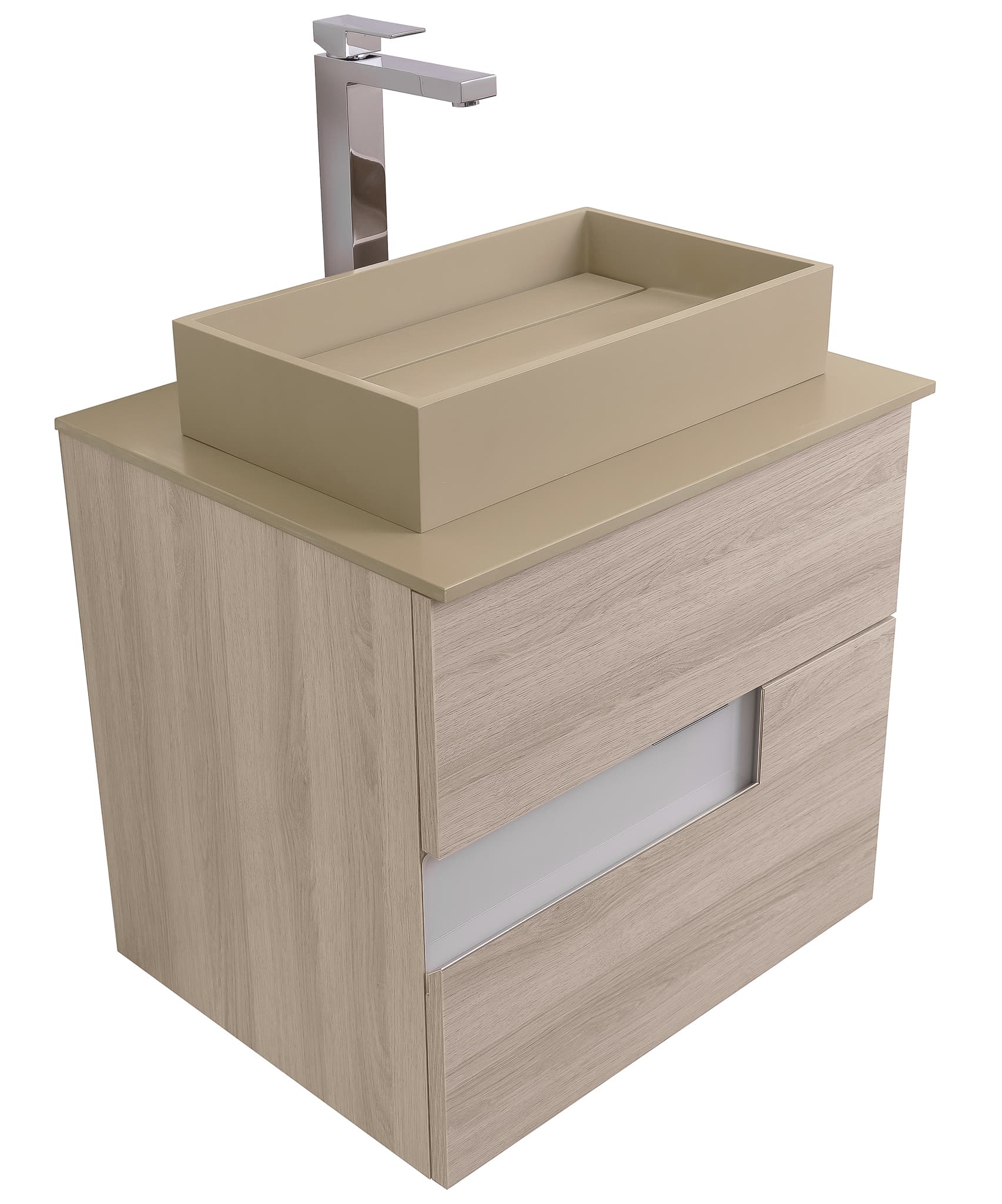 Vision 23.5 Natural Light Wood Cabinet, Solid Surface Flat Taupe Counter And Infinity Square Solid Surface Taupe Basin 1329, Wall Mounted Modern Vanity Set