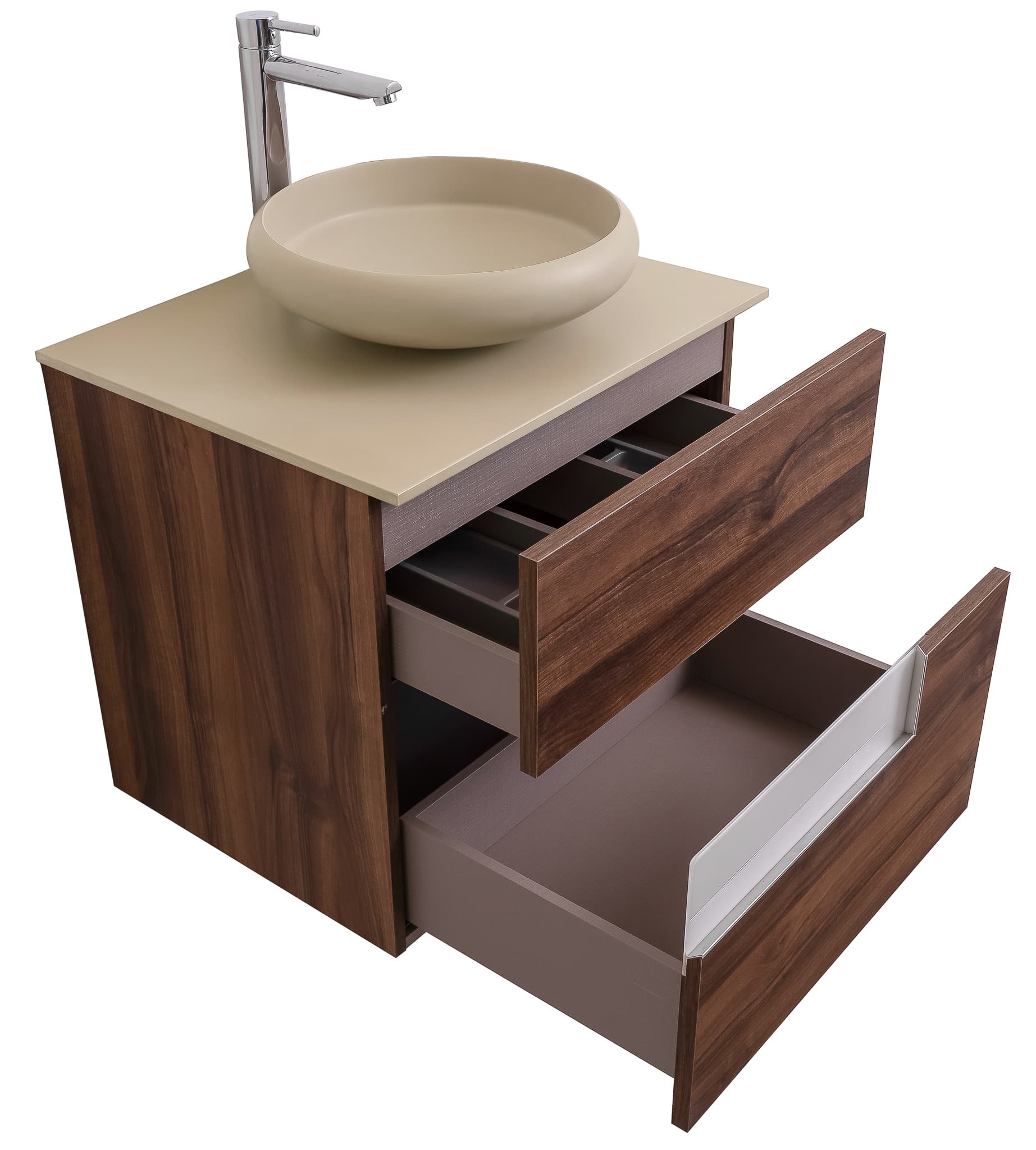 Vision 23.5 Valenti Medium Brown Wood Cabinet, Solid Surface Flat Taupe Counter And Round Solid Surface Taupe Basin 1153, Wall Mounted Modern Vanity Set