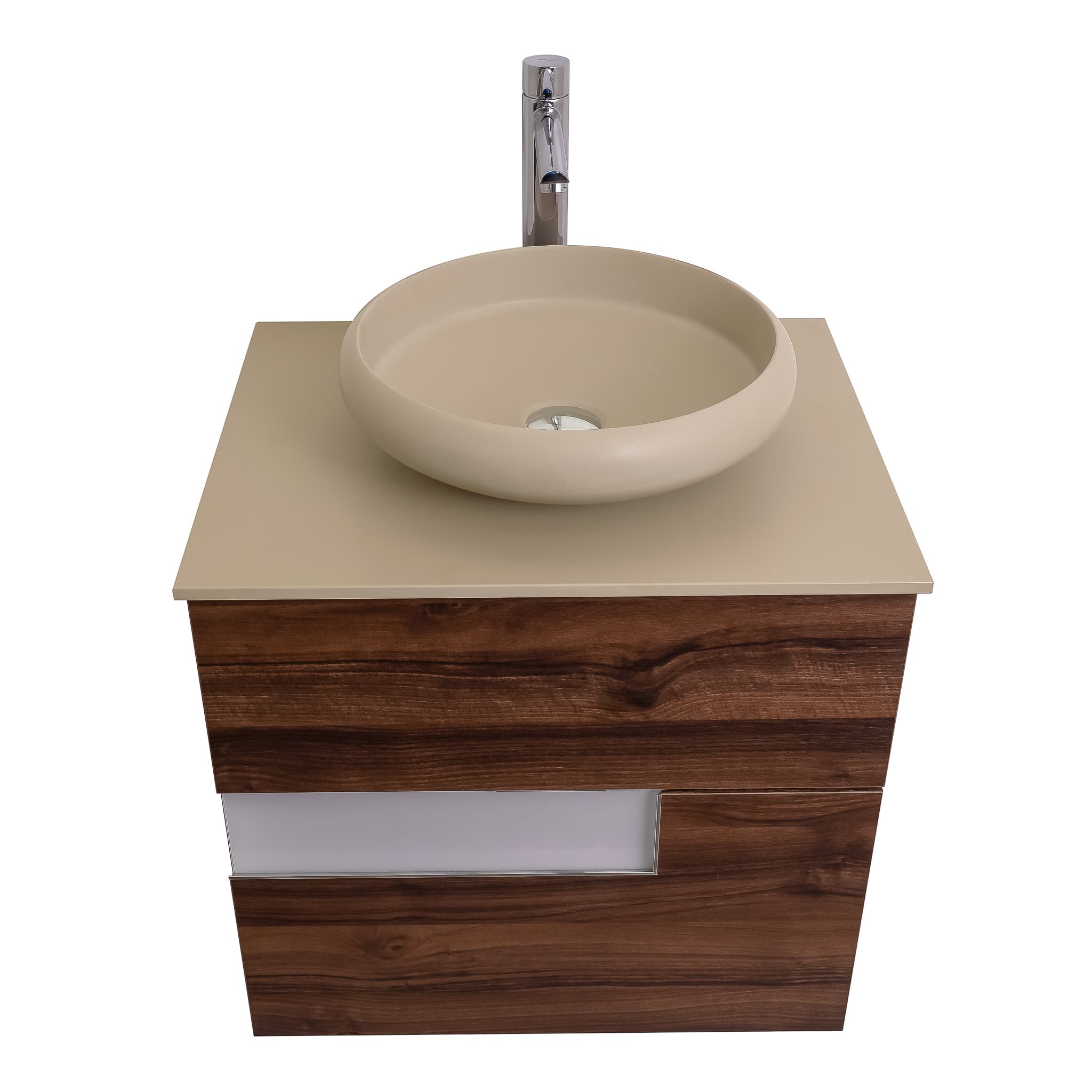 Vision 23.5 Valenti Medium Brown Wood Cabinet, Solid Surface Flat Taupe Counter And Round Solid Surface Taupe Basin 1153, Wall Mounted Modern Vanity Set