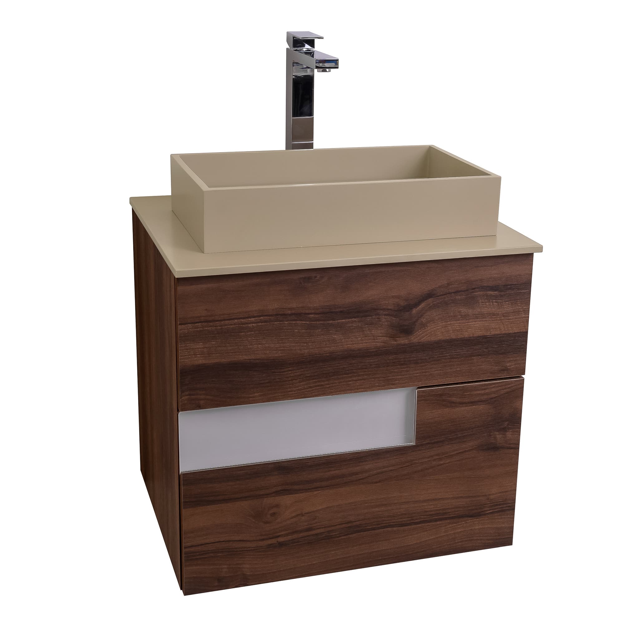Vision 23.5 Valenti Medium Brown Wood Cabinet, Solid Surface Flat Taupe Counter And Infinity Square Solid Surface Taupe Basin 1329, Wall Mounted Modern Vanity Set