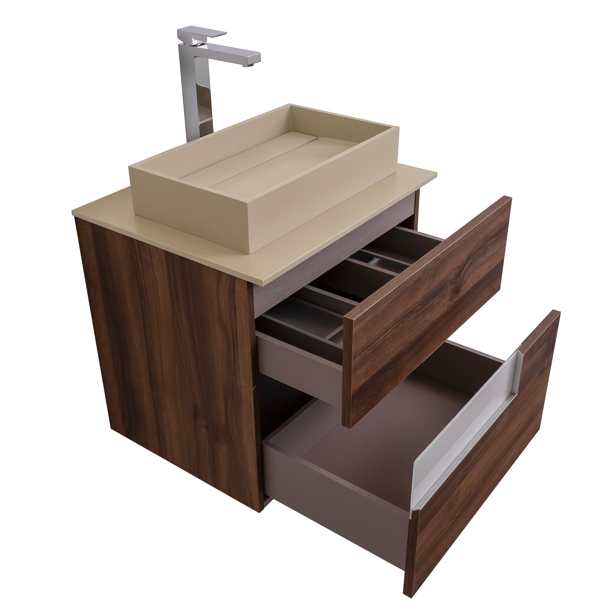 Vision 23.5 Valenti Medium Brown Wood Cabinet, Solid Surface Flat Taupe Counter And Infinity Square Solid Surface Taupe Basin 1329, Wall Mounted Modern Vanity Set