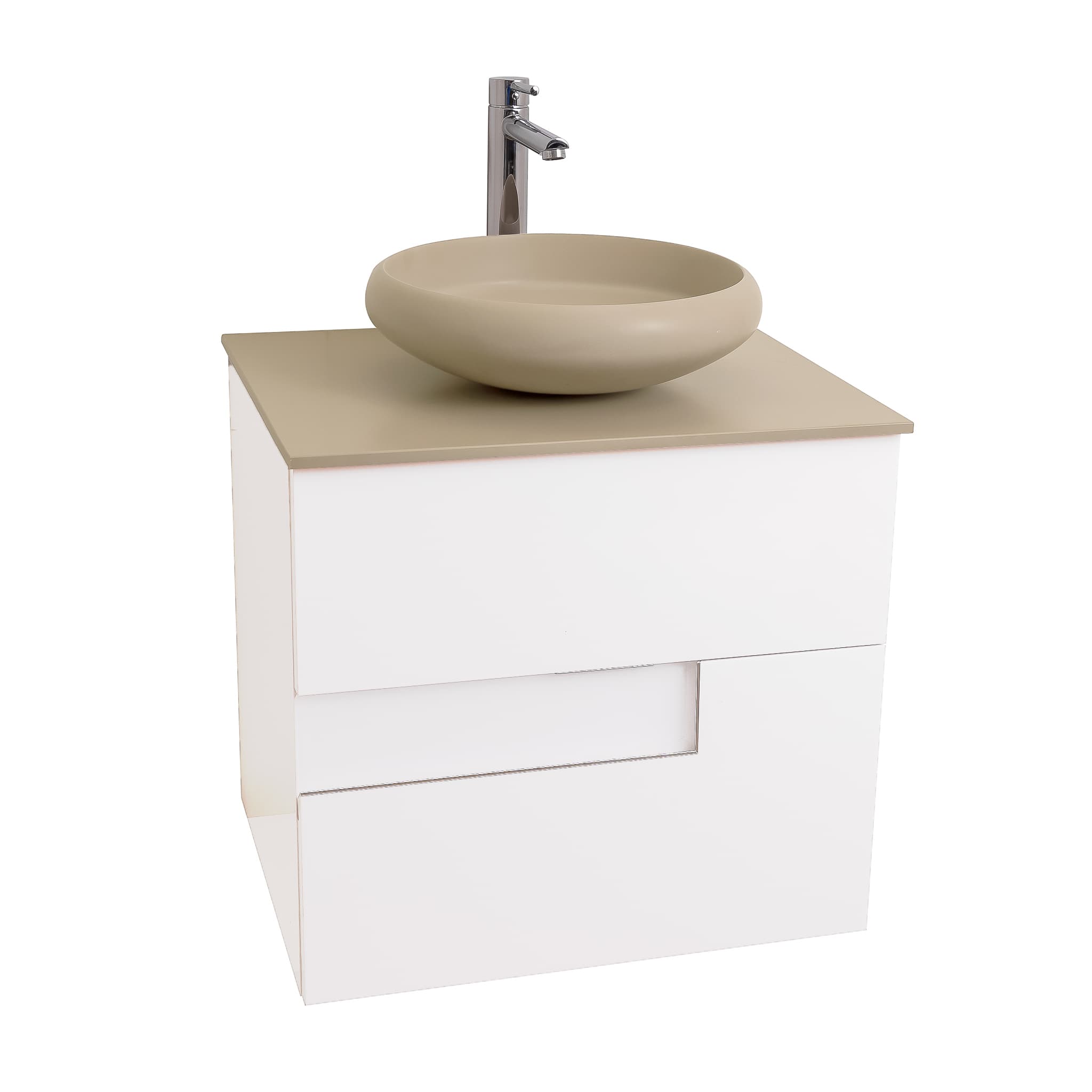 Vision 23.5 White High Gloss Cabinet, Solid Surface Flat Taupe Counter And Round Solid Surface Taupe Basin 1153, Wall Mounted Modern Vanity Set