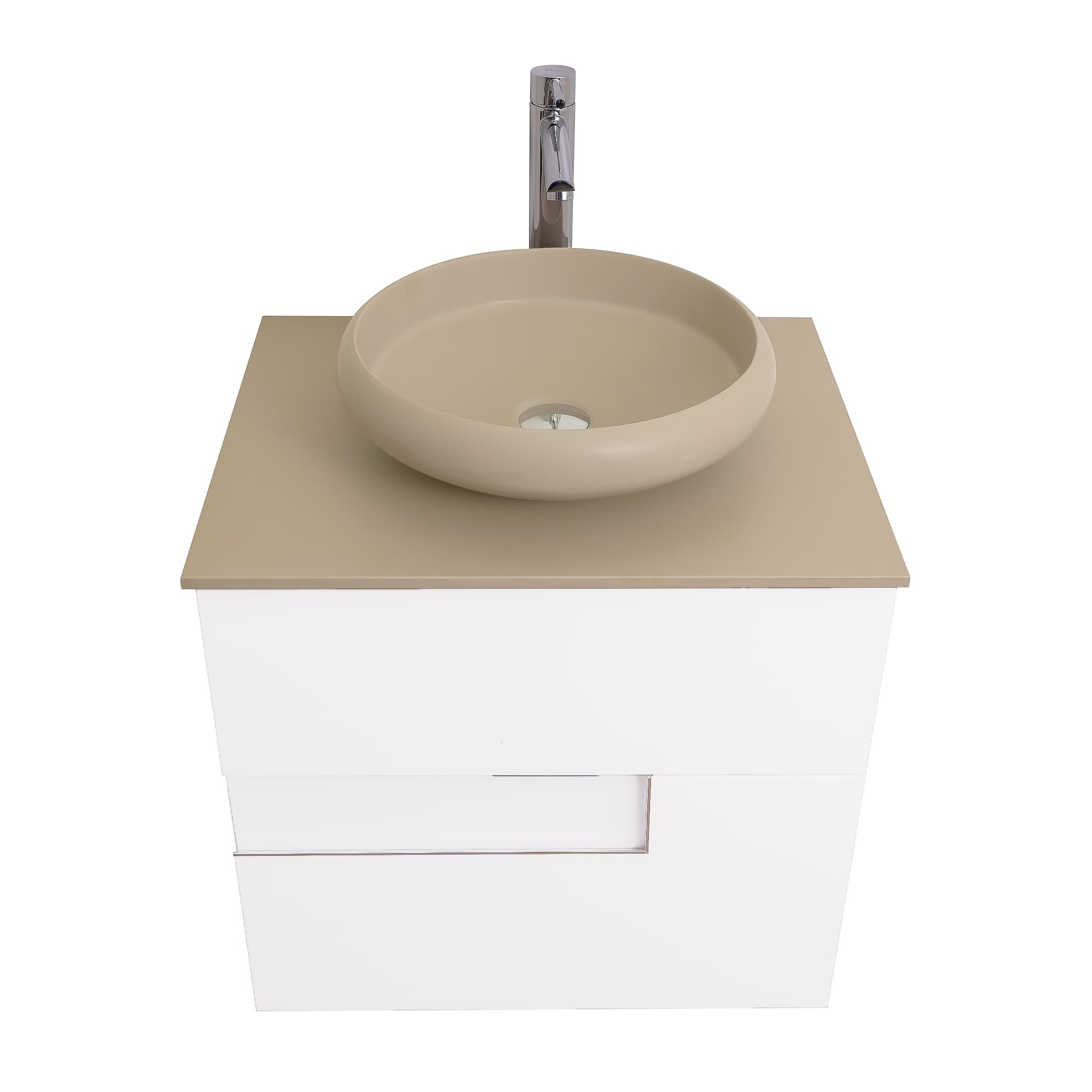 Vision 23.5 White High Gloss Cabinet, Solid Surface Flat Taupe Counter And Round Solid Surface Taupe Basin 1153, Wall Mounted Modern Vanity Set