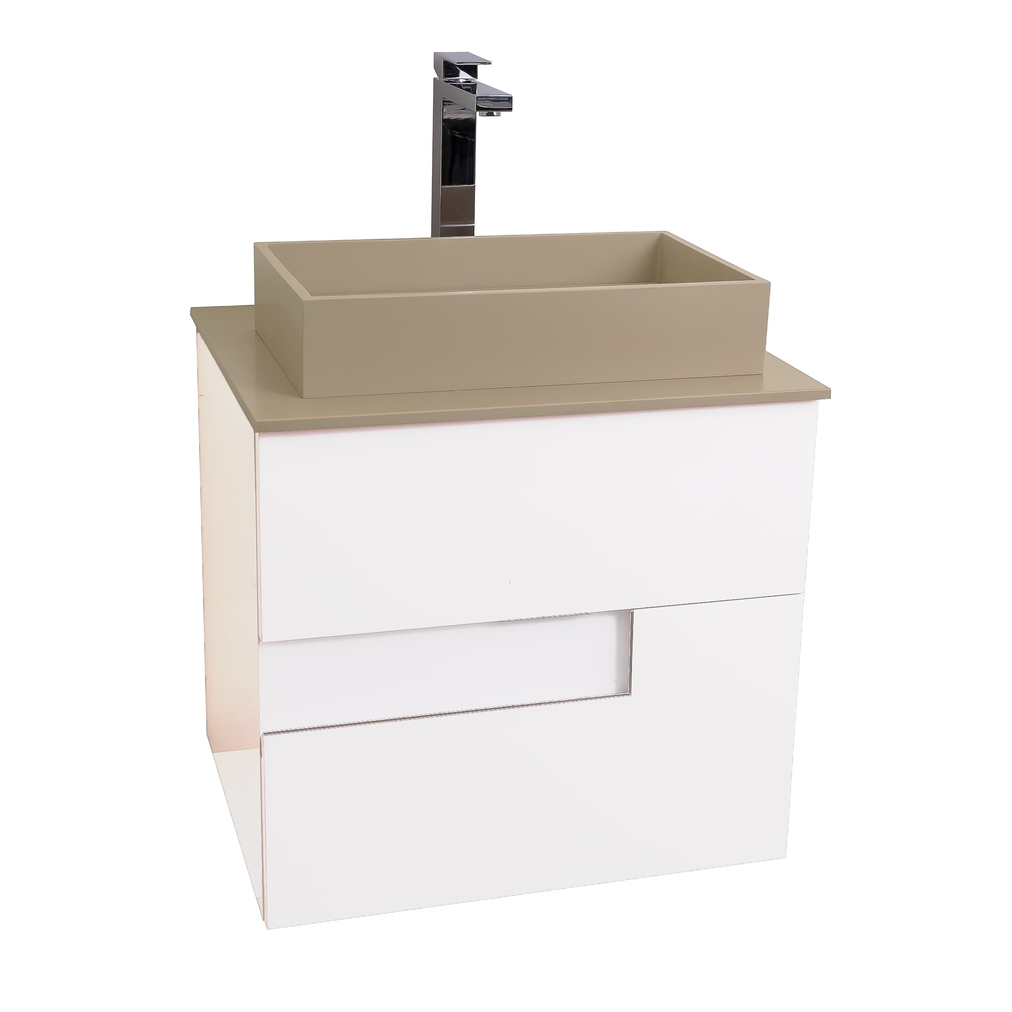 Vision 23.5 White High Gloss Cabinet, Solid Surface Flat Taupe Counter And Infinity Square Solid Surface Taupe Basin 1329, Wall Mounted Modern Vanity Set