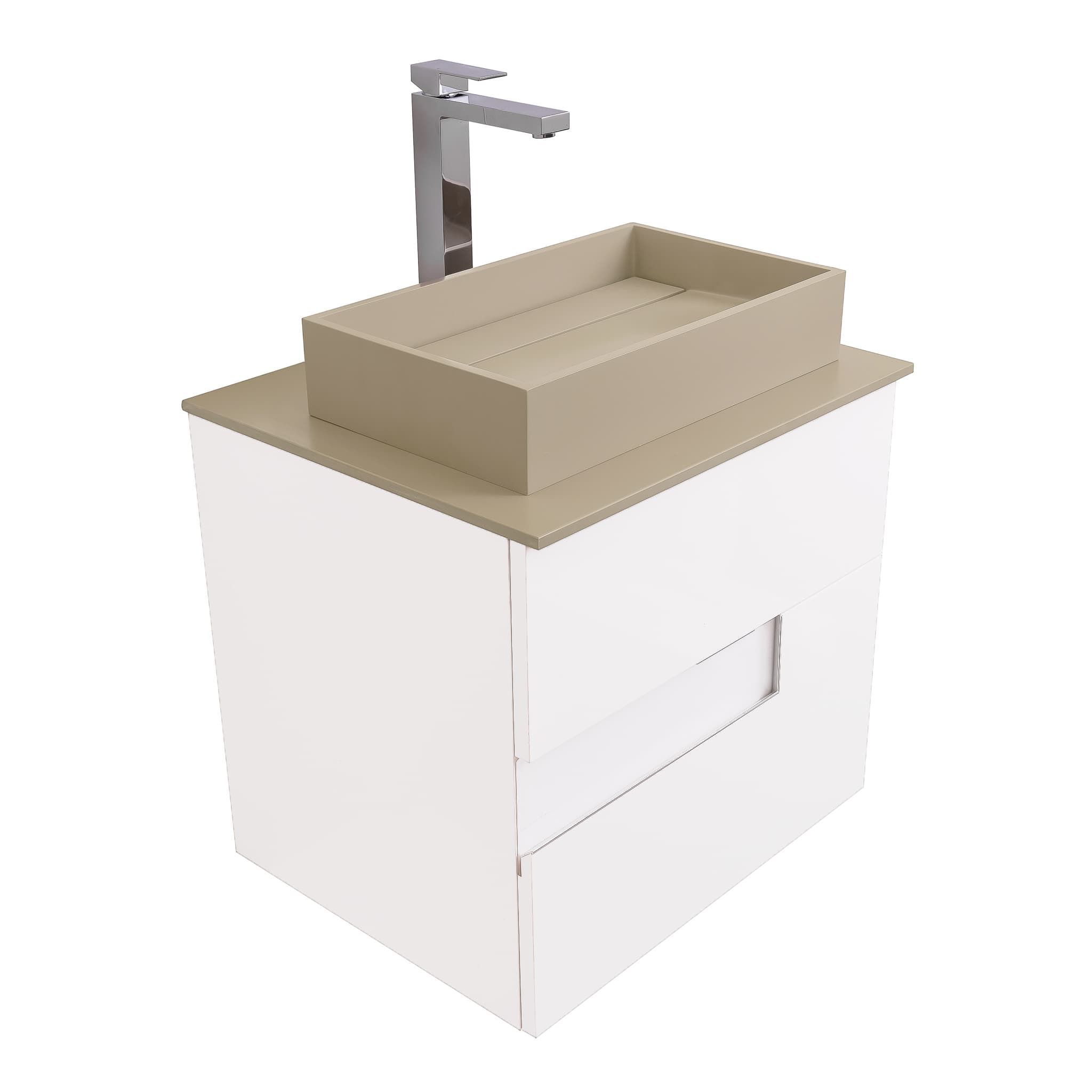Vision 23.5 White High Gloss Cabinet, Solid Surface Flat Taupe Counter And Infinity Square Solid Surface Taupe Basin 1329, Wall Mounted Modern Vanity Set