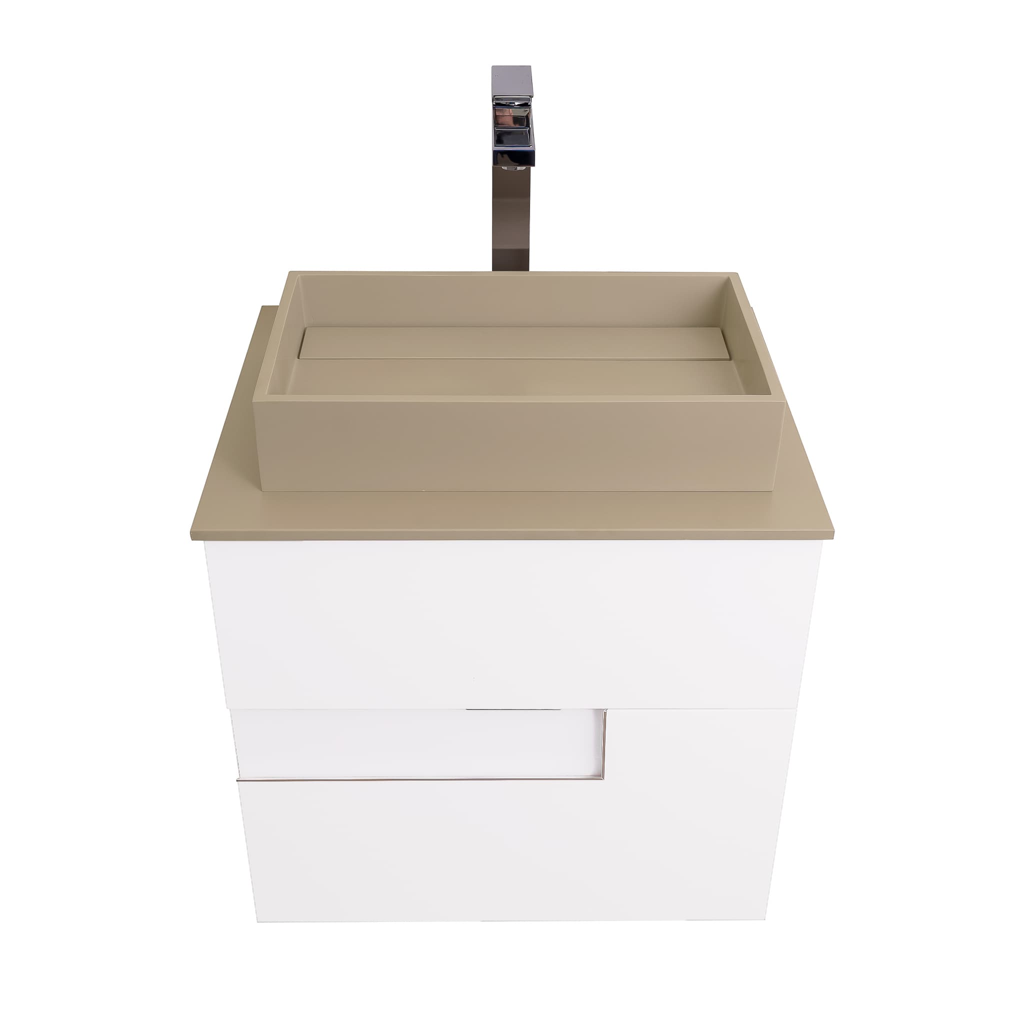 Vision 23.5 White High Gloss Cabinet, Solid Surface Flat Taupe Counter And Infinity Square Solid Surface Taupe Basin 1329, Wall Mounted Modern Vanity Set