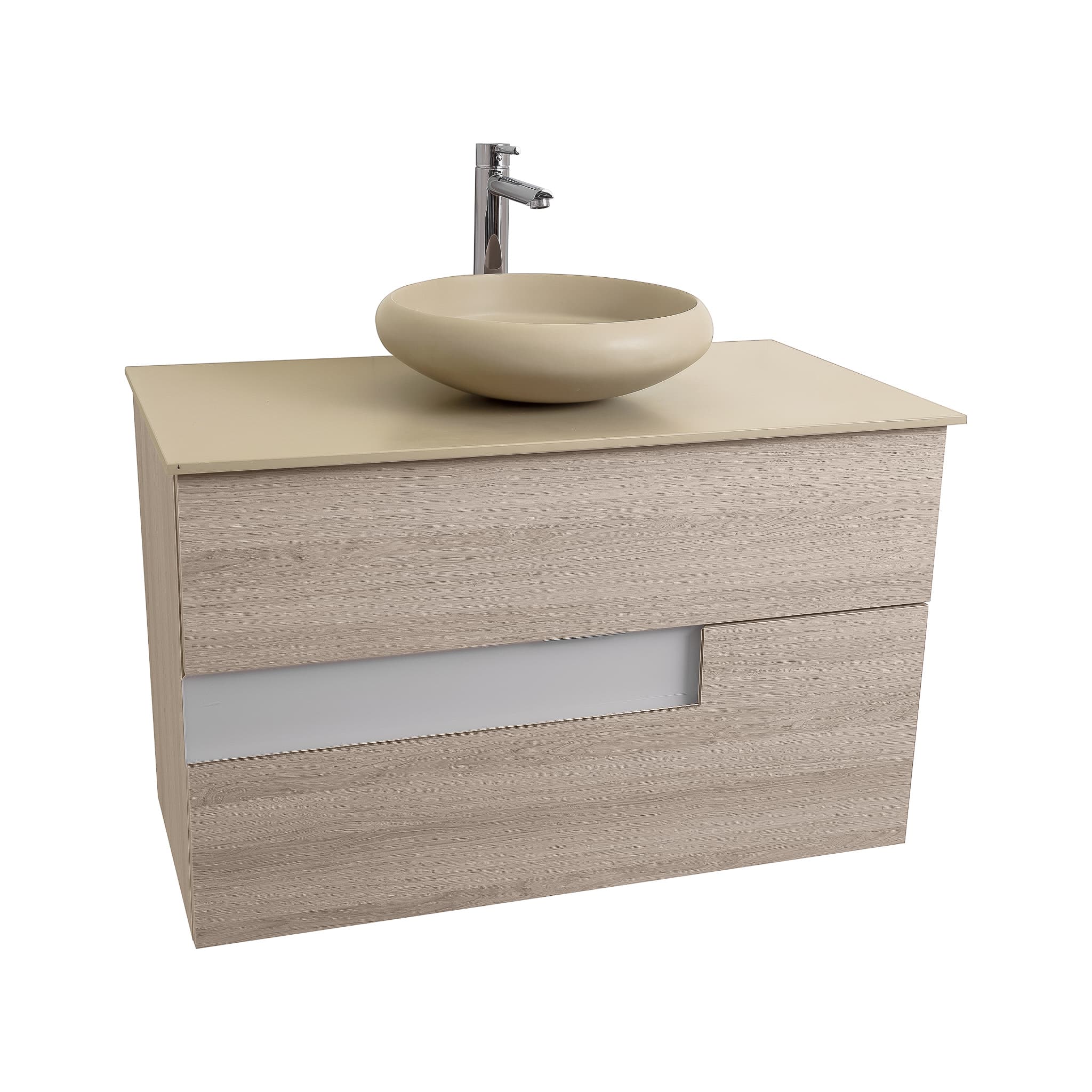 Vision 31.5 Natural Light Wood Cabinet, Solid Surface Flat Taupe Counter And Round Solid Surface Taupe Basin 1153, Wall Mounted Modern Vanity Set