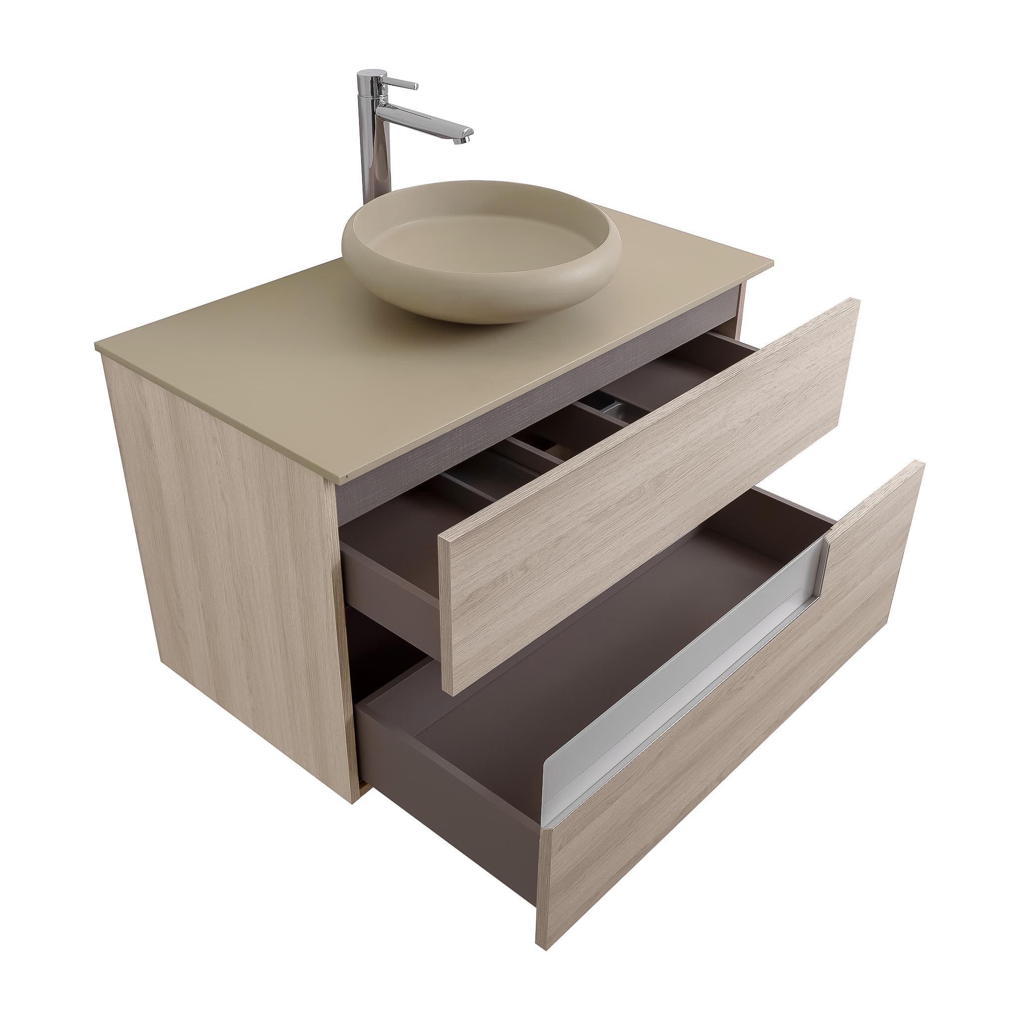 Vision 31.5 Natural Light Wood Cabinet, Solid Surface Flat Taupe Counter And Round Solid Surface Taupe Basin 1153, Wall Mounted Modern Vanity Set